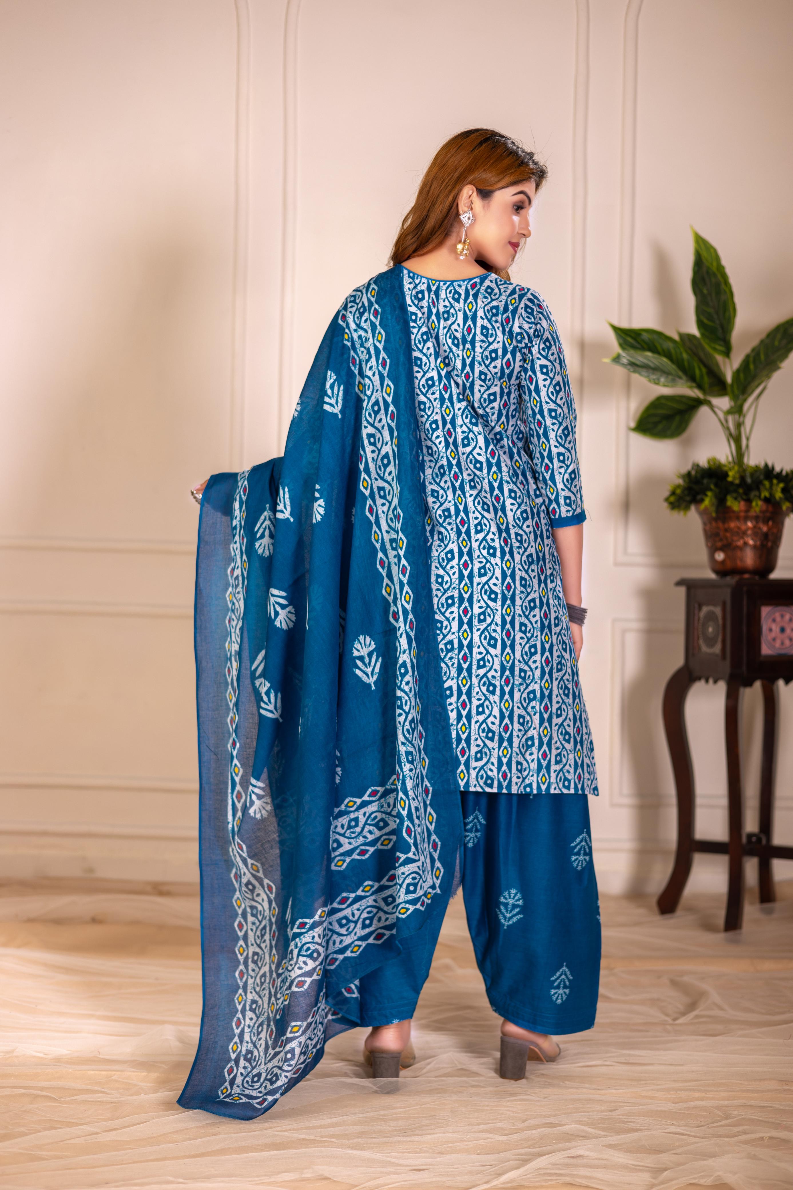 Teal Blue Traditional Print Patiala Suit Set