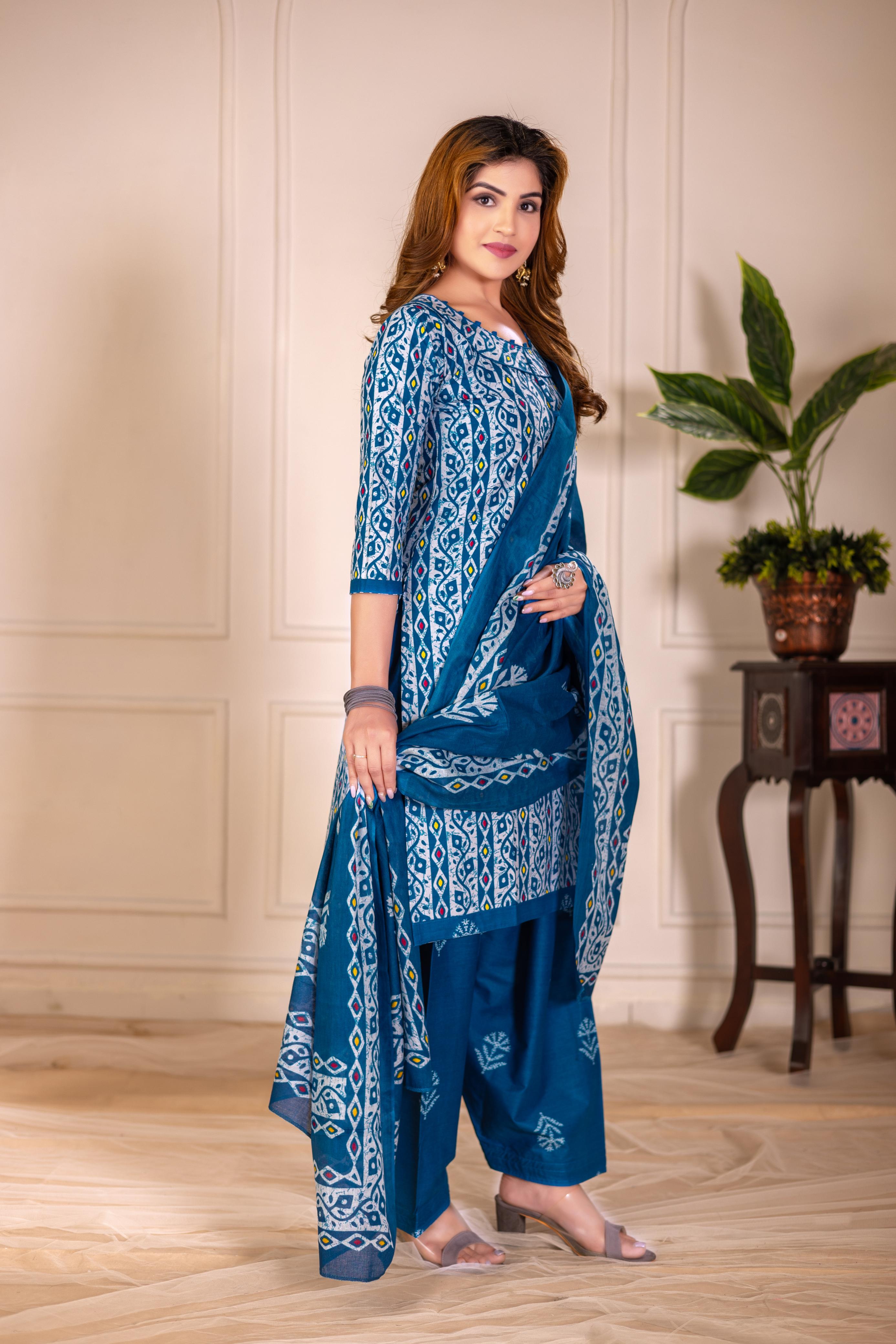 Teal Blue Traditional Print Patiala Suit Set