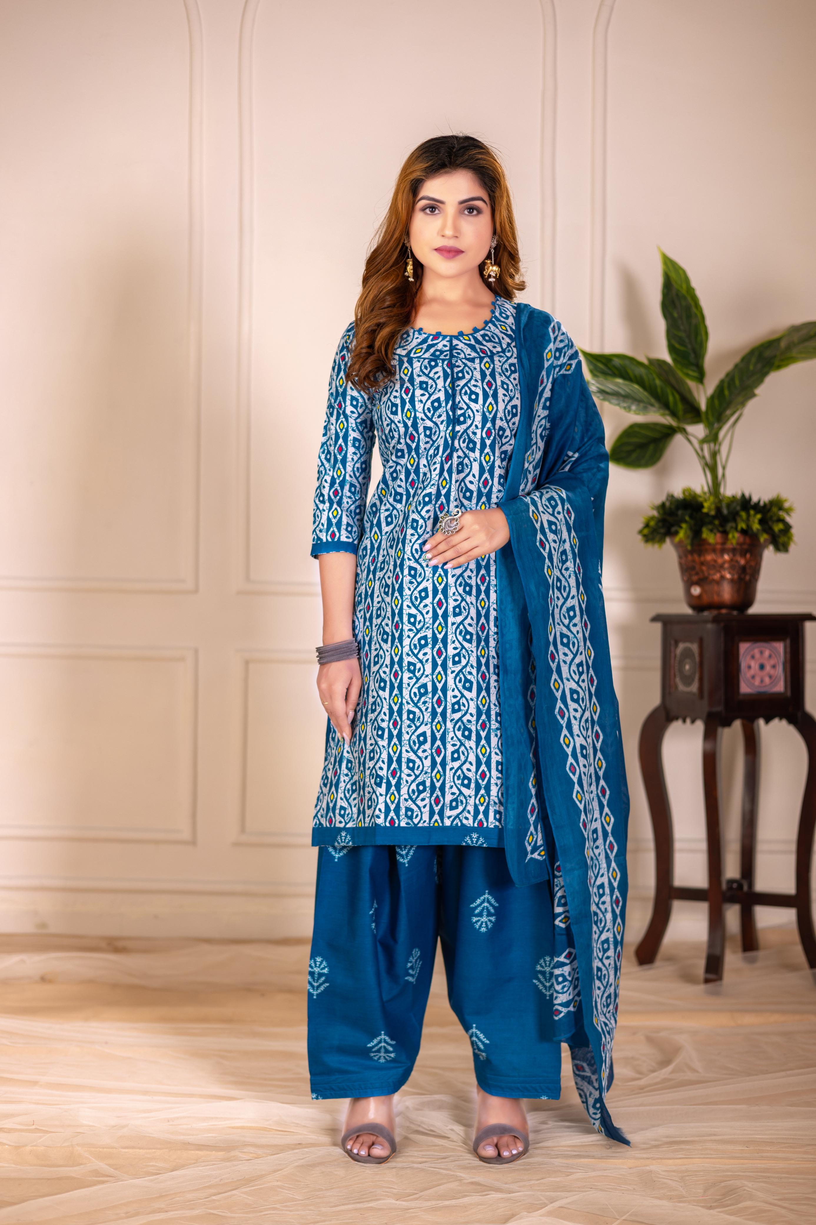 Teal Blue Traditional Print Patiala Suit Set
