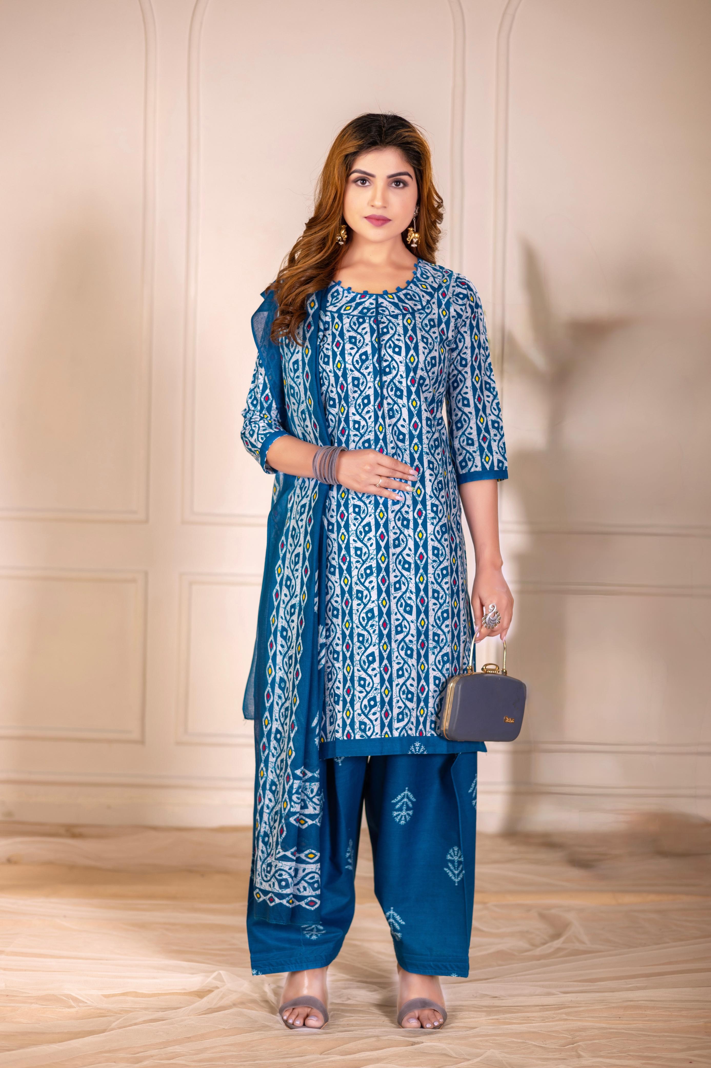 Teal Blue Traditional Print Patiala Suit Set
