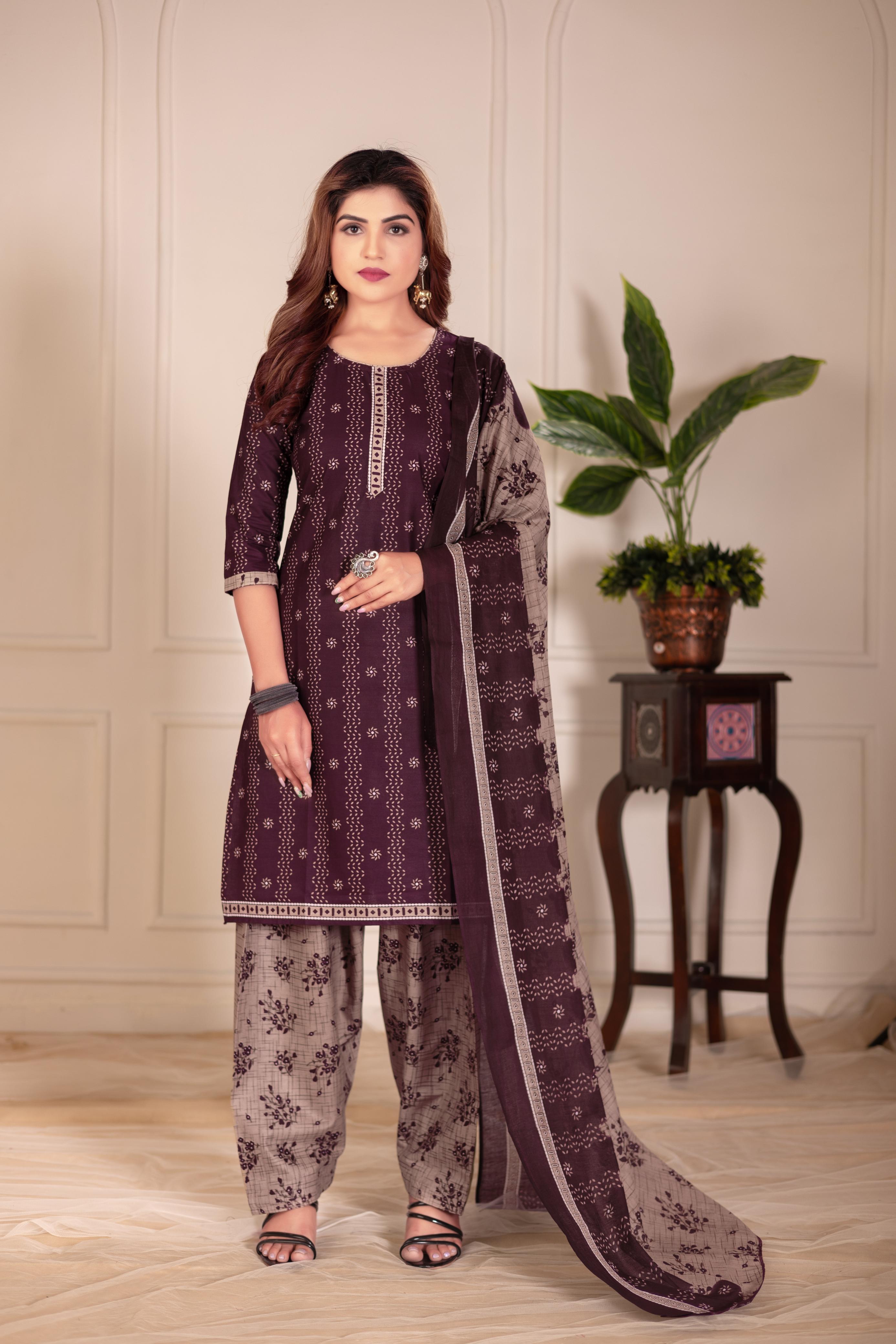 Wine Printed Patiala Suit Set