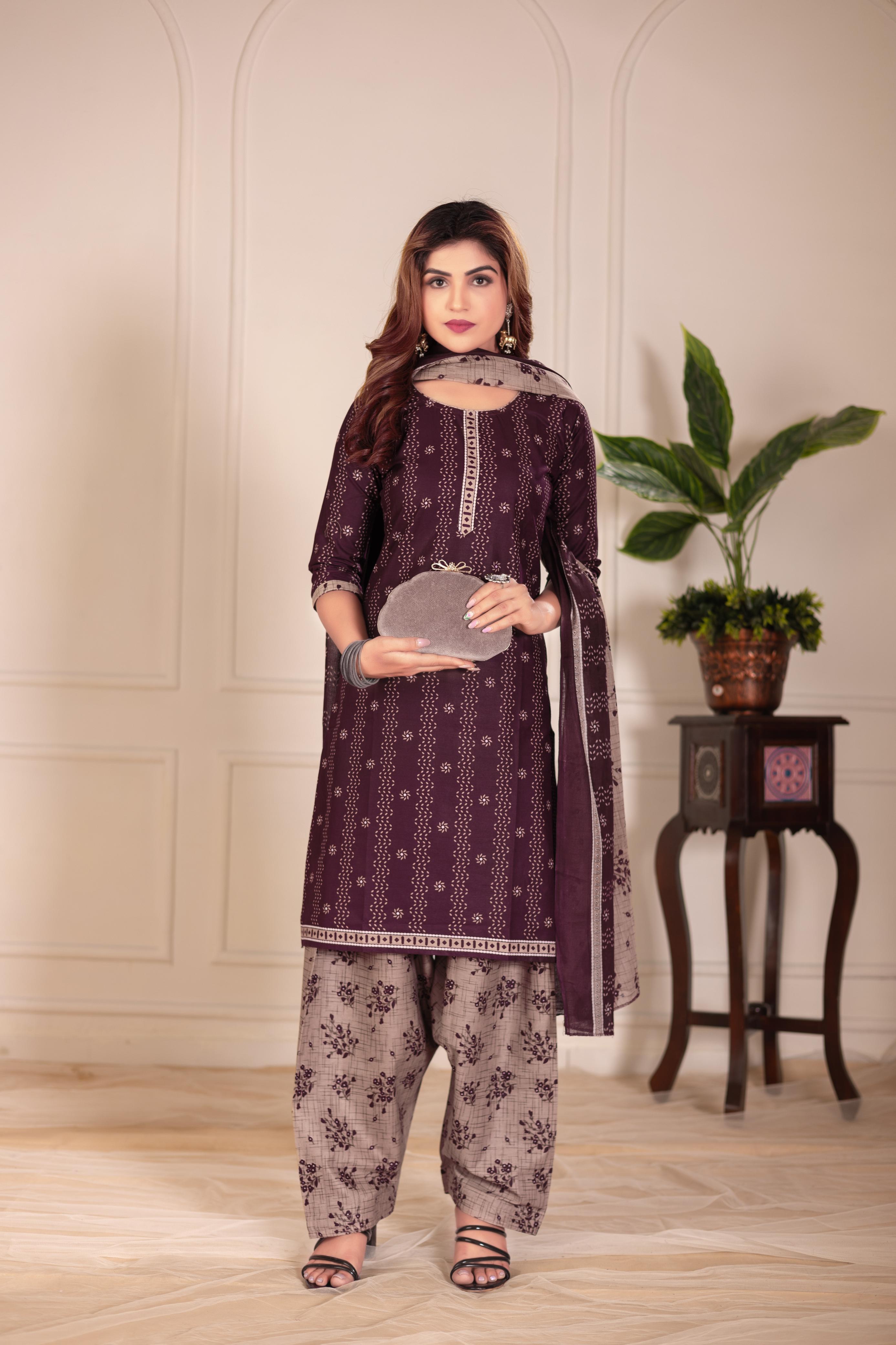 Wine Printed Patiala Suit Set