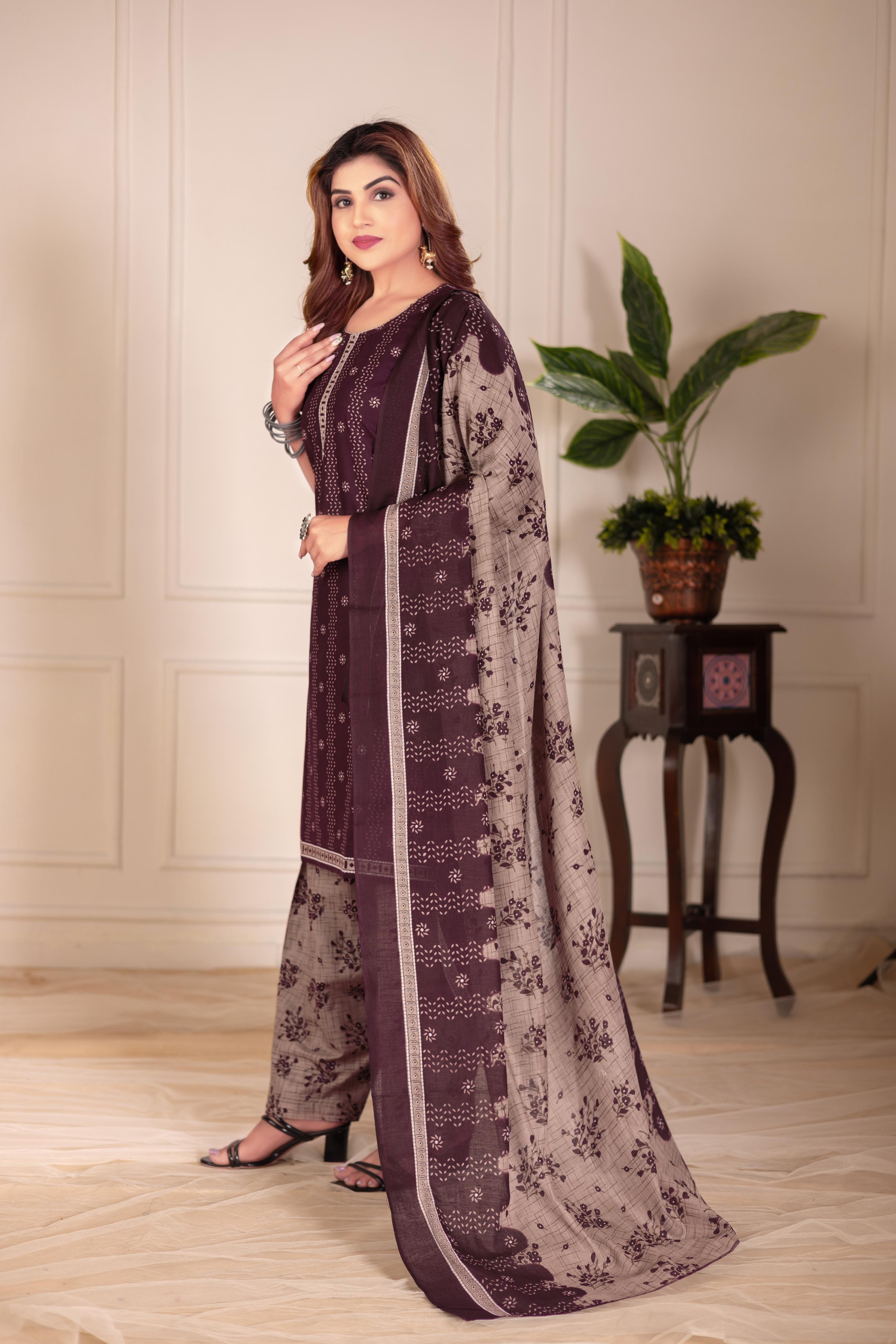 Wine Printed Patiala Suit Set