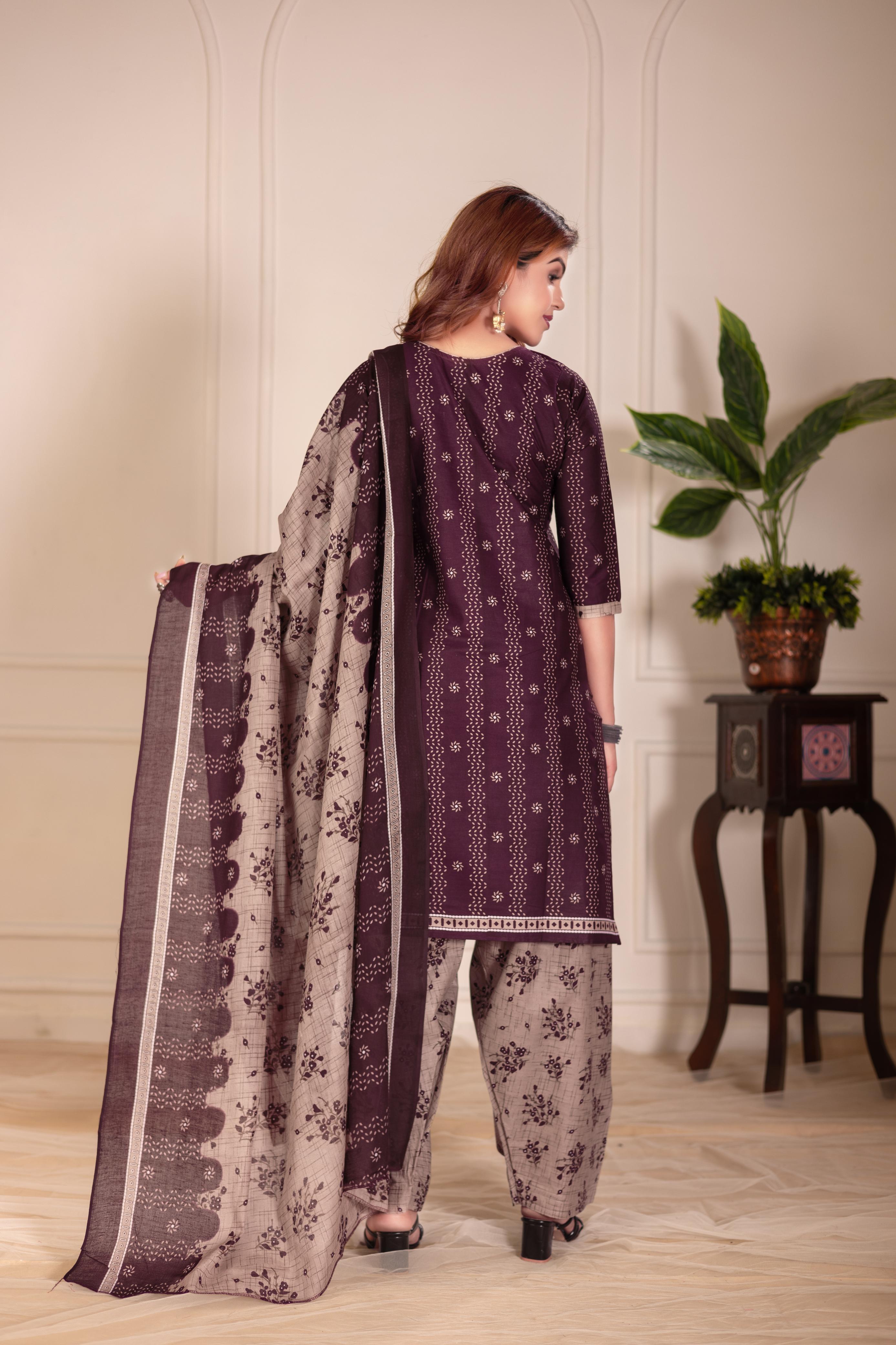 Wine Printed Patiala Suit Set