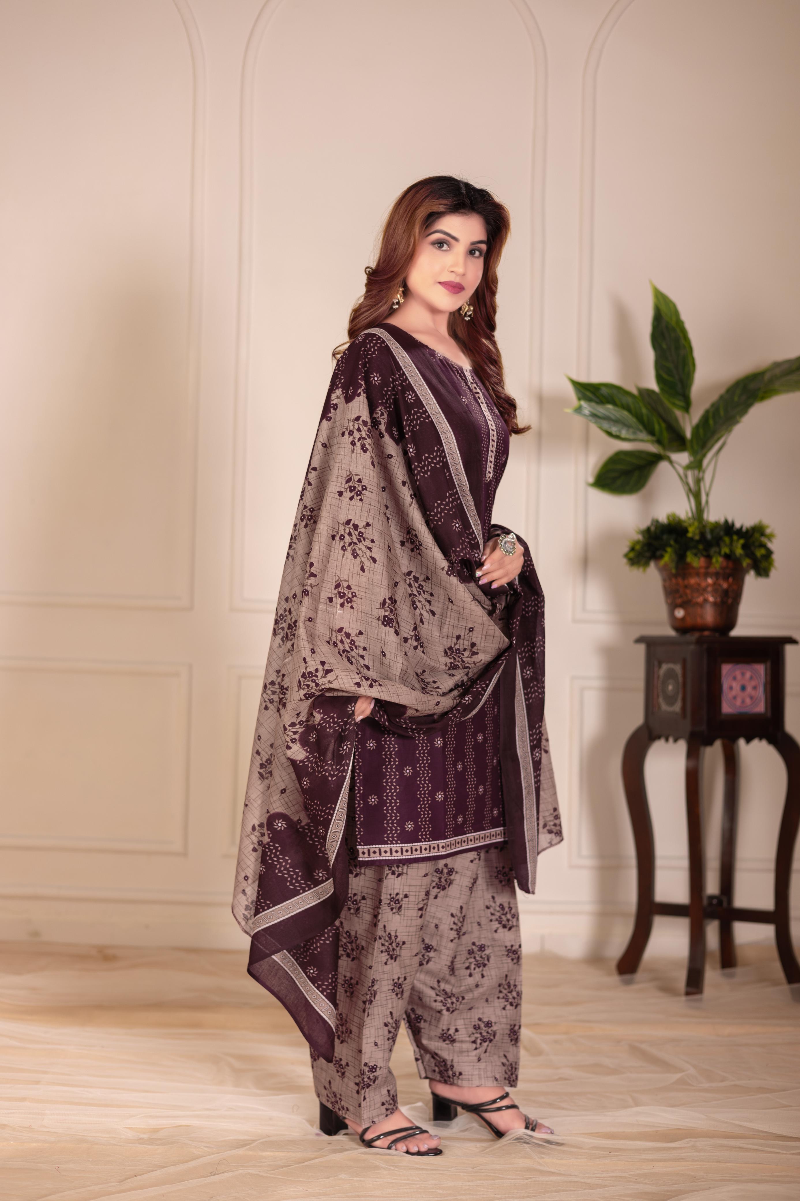 Wine Printed Patiala Suit Set
