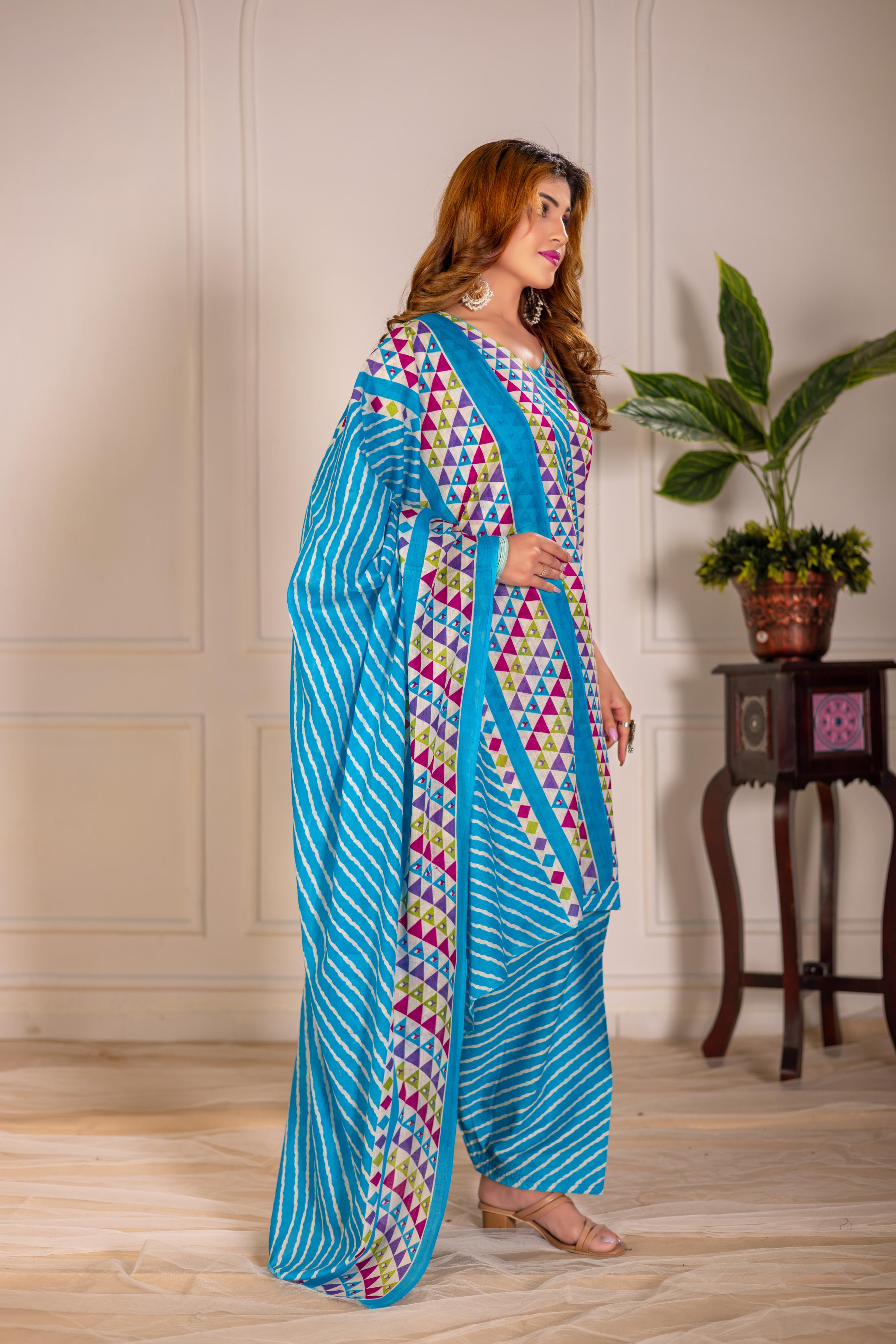 Turquoise Multicolor Print Patiala Suit Set