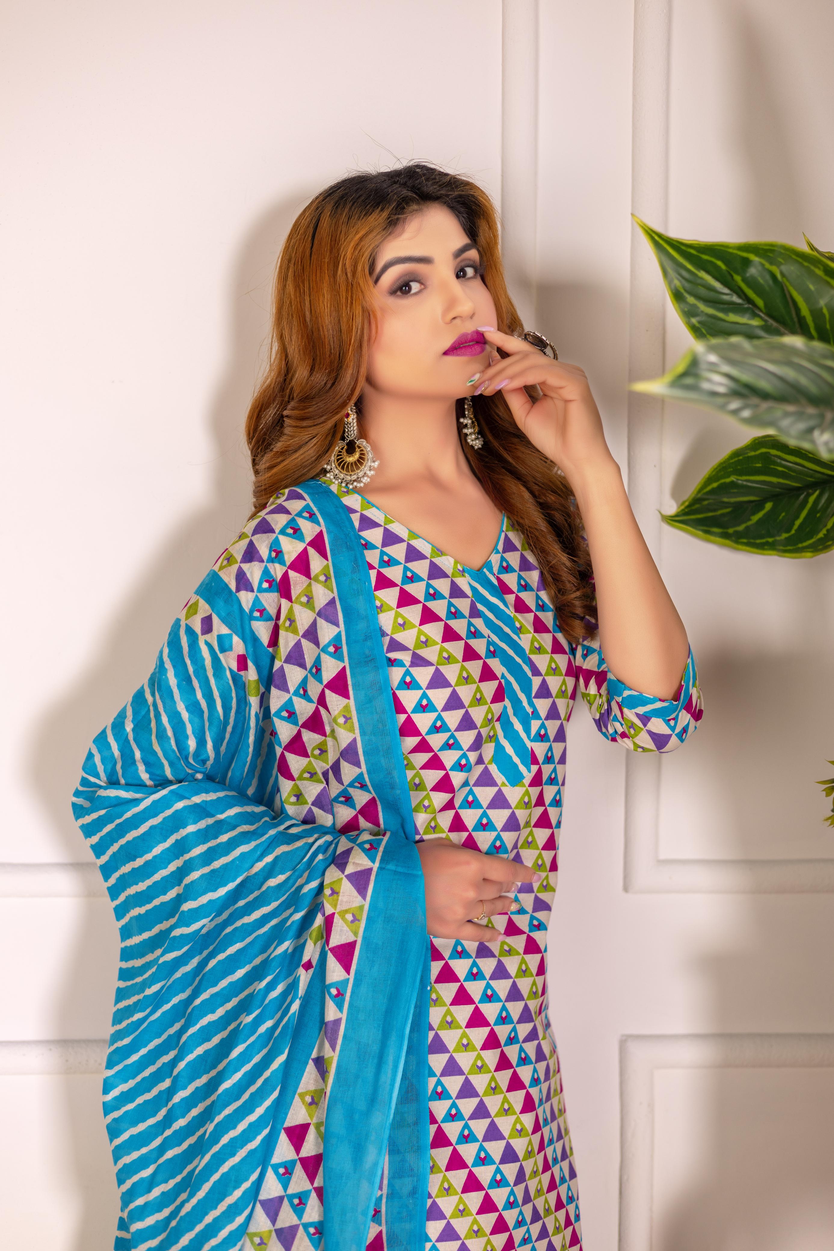 Turquoise Multicolor Print Patiala Suit Set