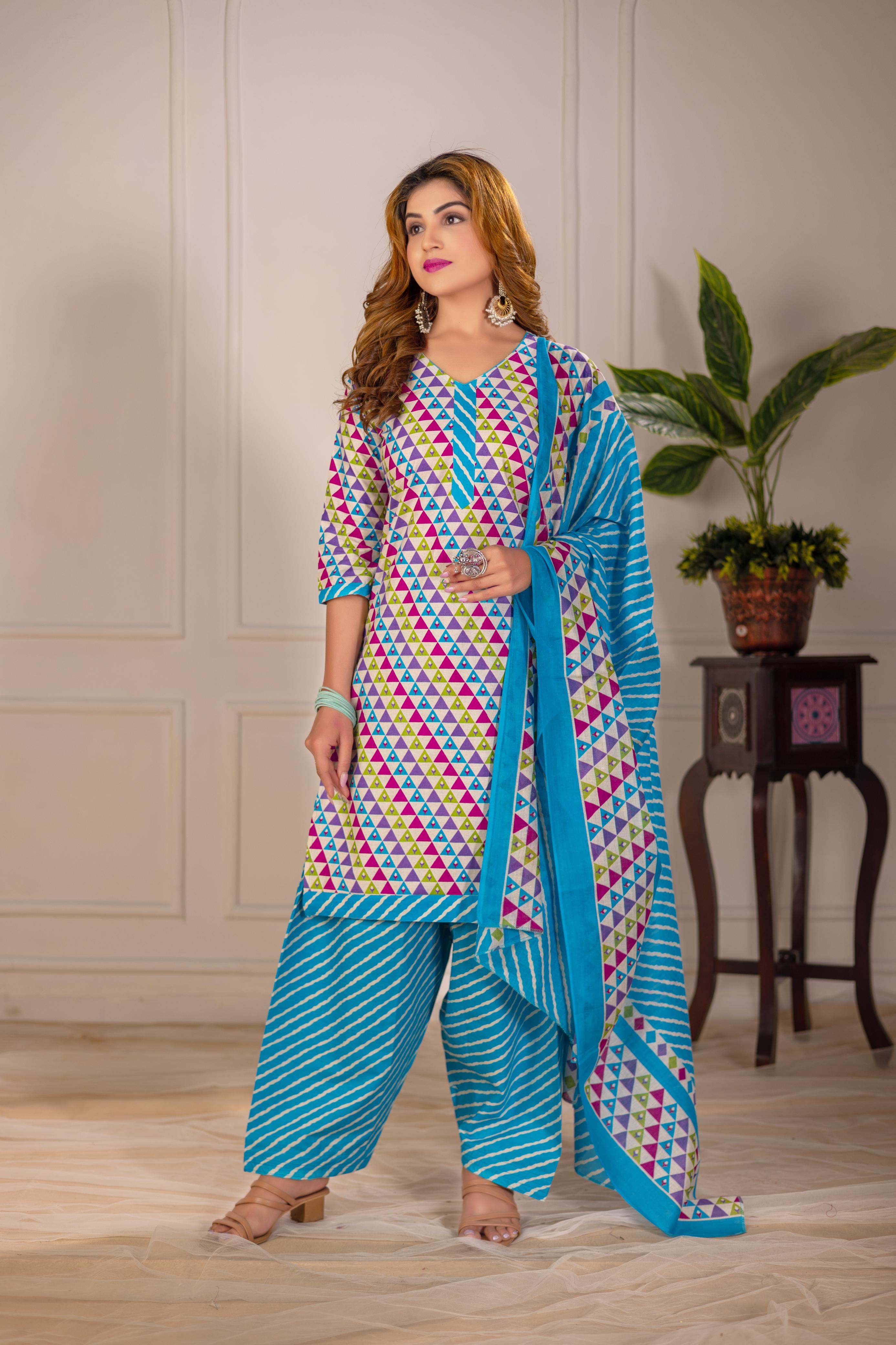 Turquoise Multicolor Print Patiala Suit Set