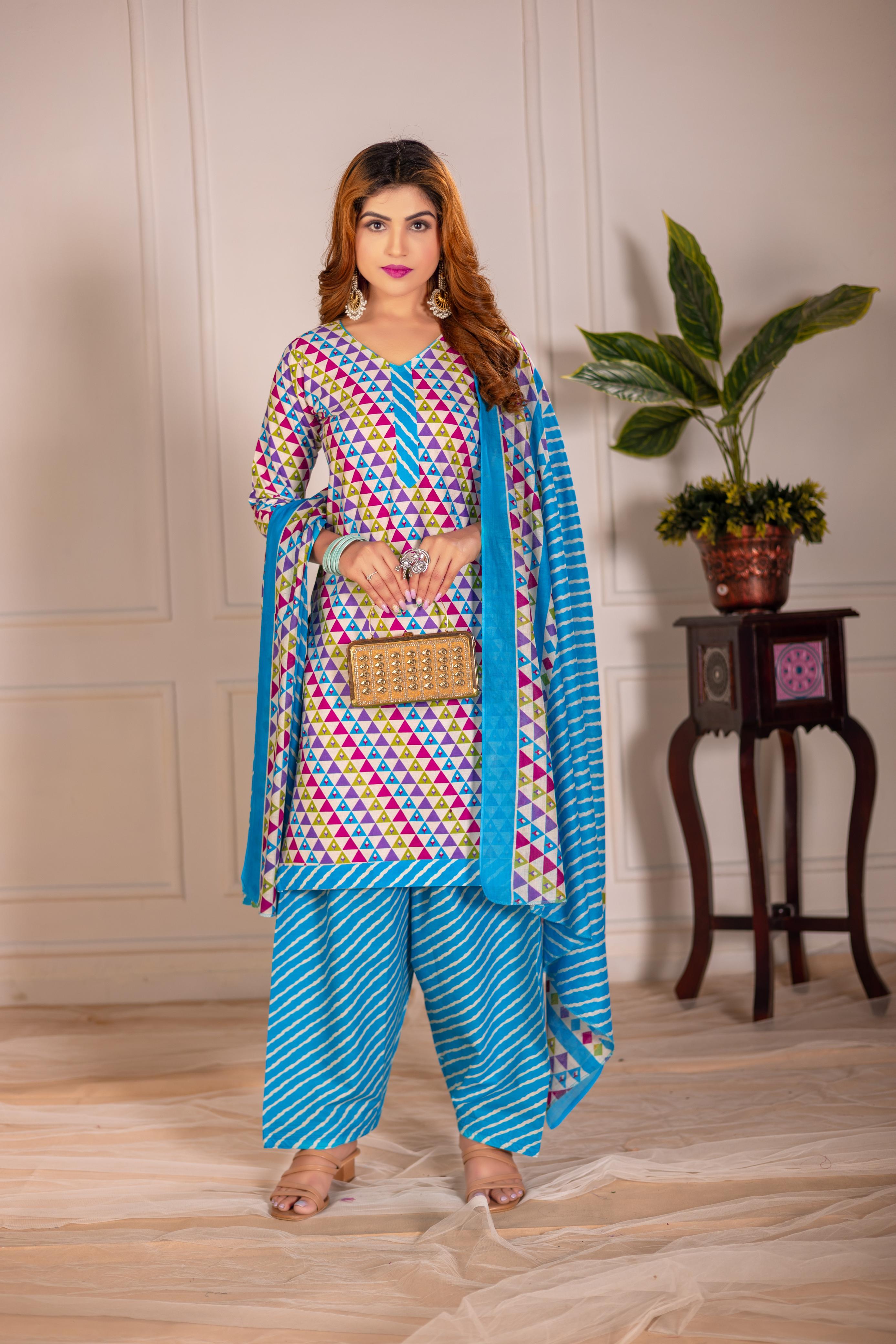 Turquoise Multicolor Print Patiala Suit Set