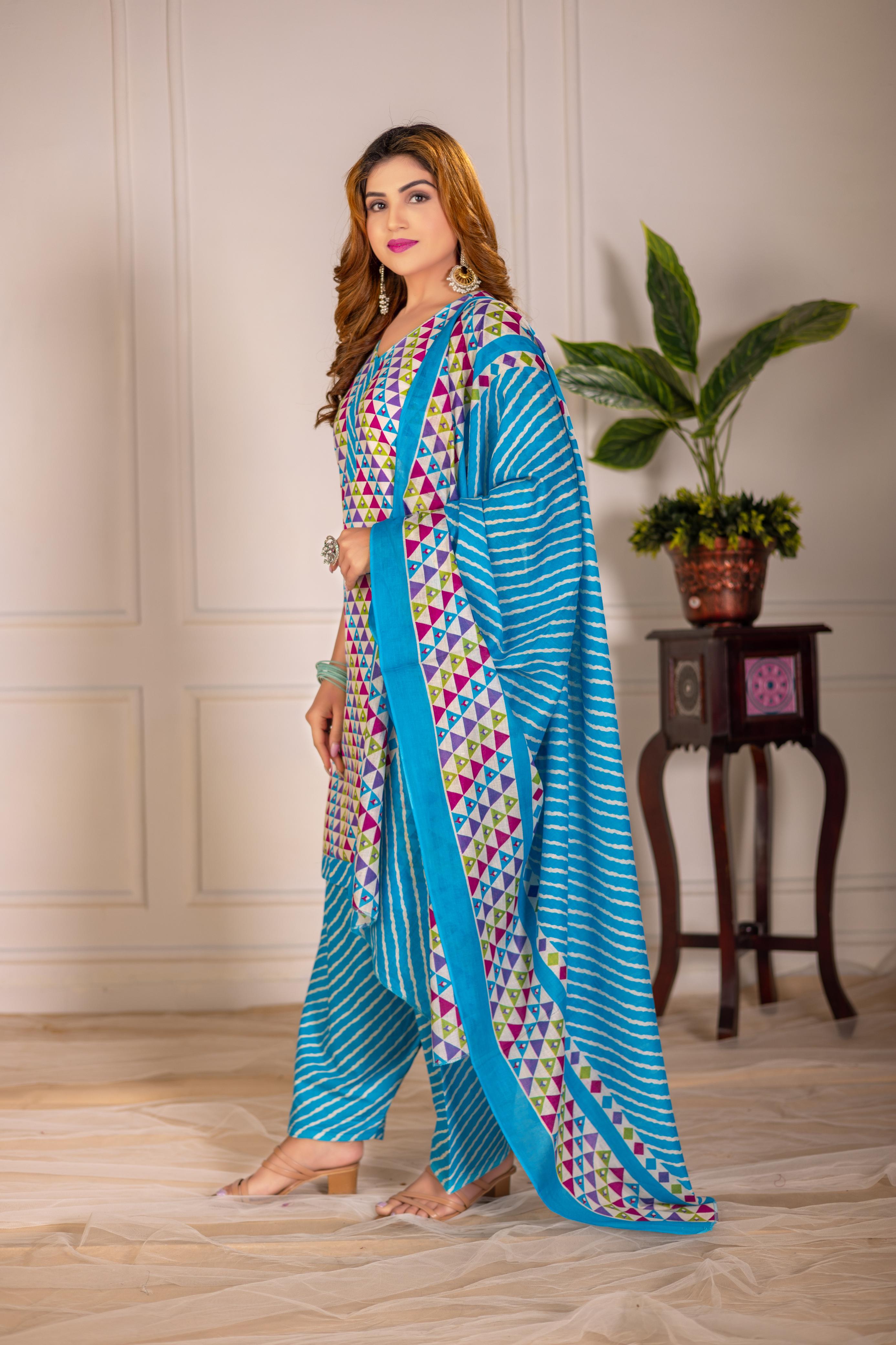 Turquoise Multicolor Print Patiala Suit Set