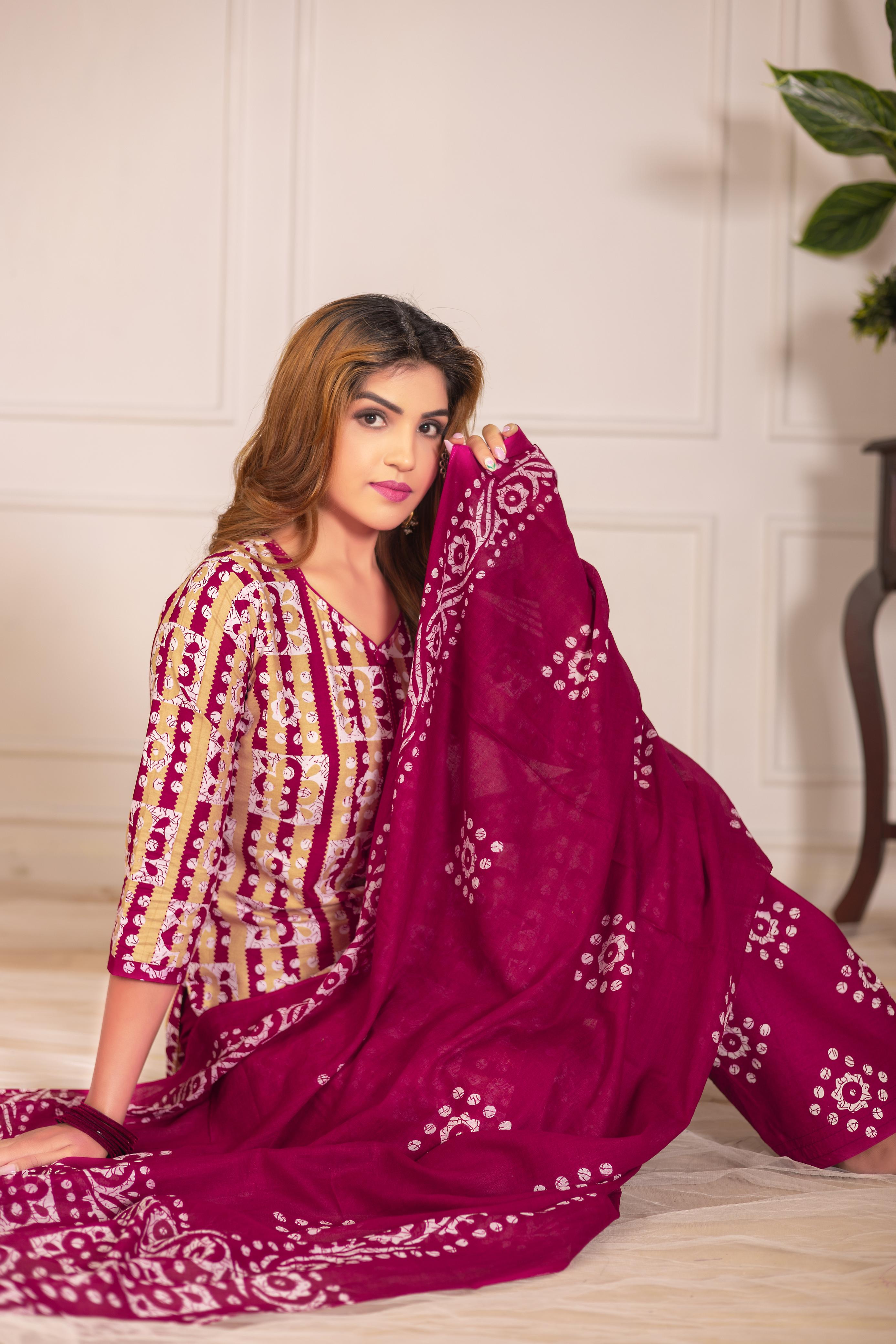 Magenta Traditional Print Patiala Suit Set