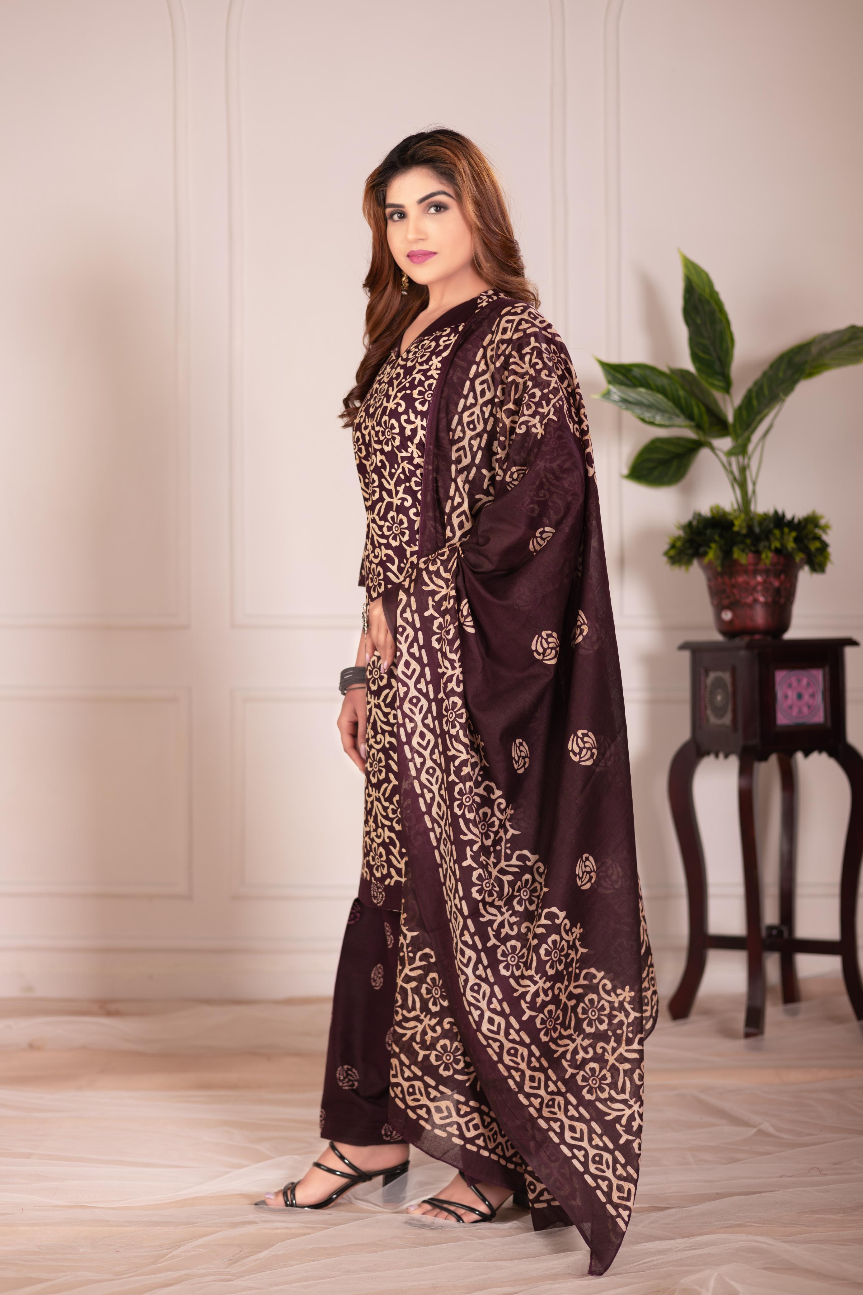 Chocolate Brown Printed Patiala Suit Set