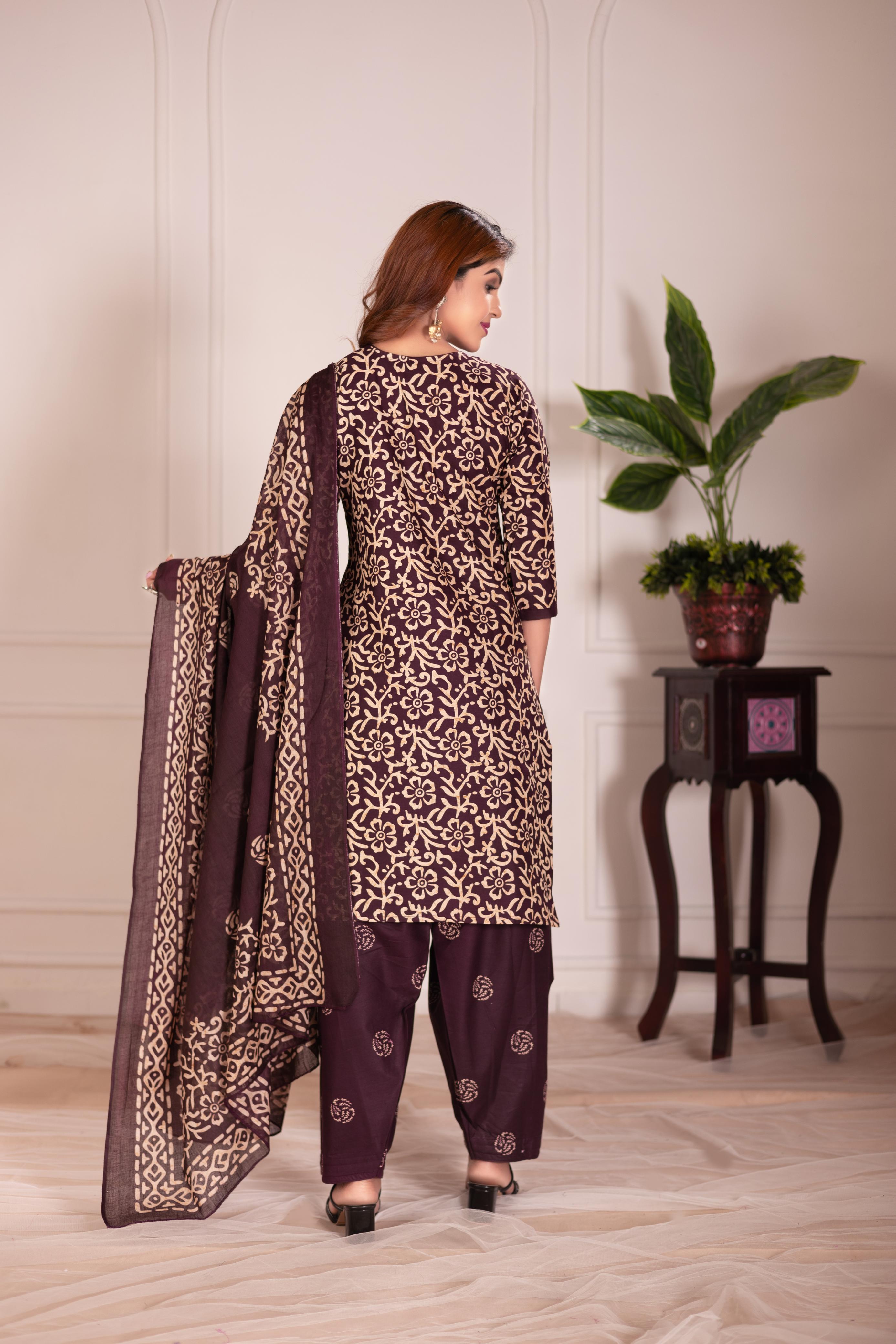 Chocolate Brown Printed Patiala Suit Set