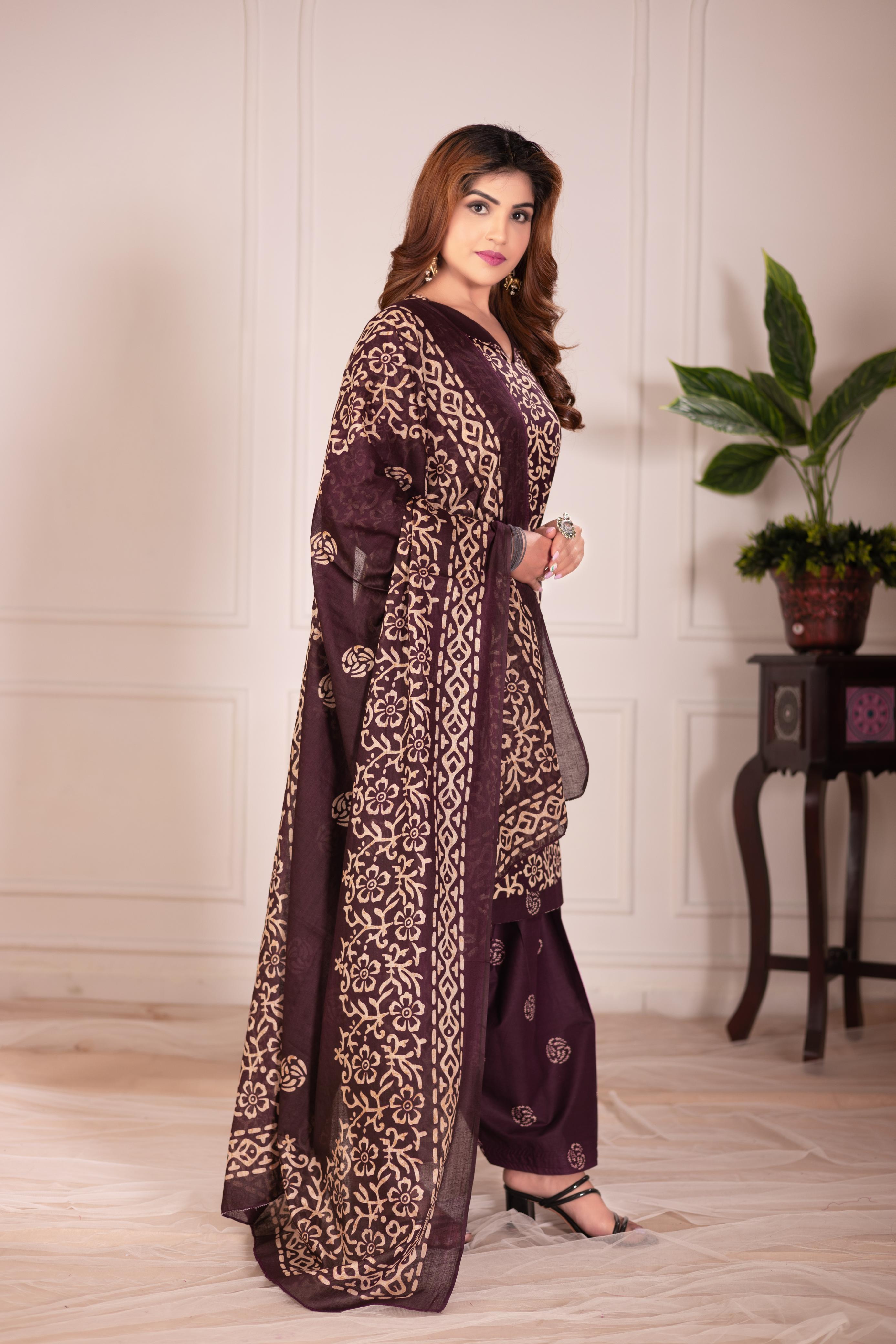 Chocolate Brown Printed Patiala Suit Set