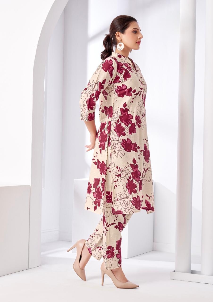 Beige Red Floral Printed Coord Set