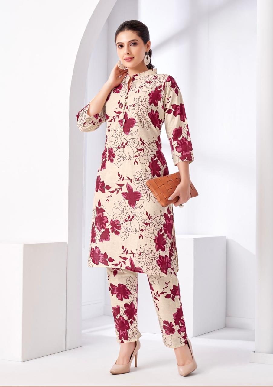 Beige Red Floral Printed Coord Set