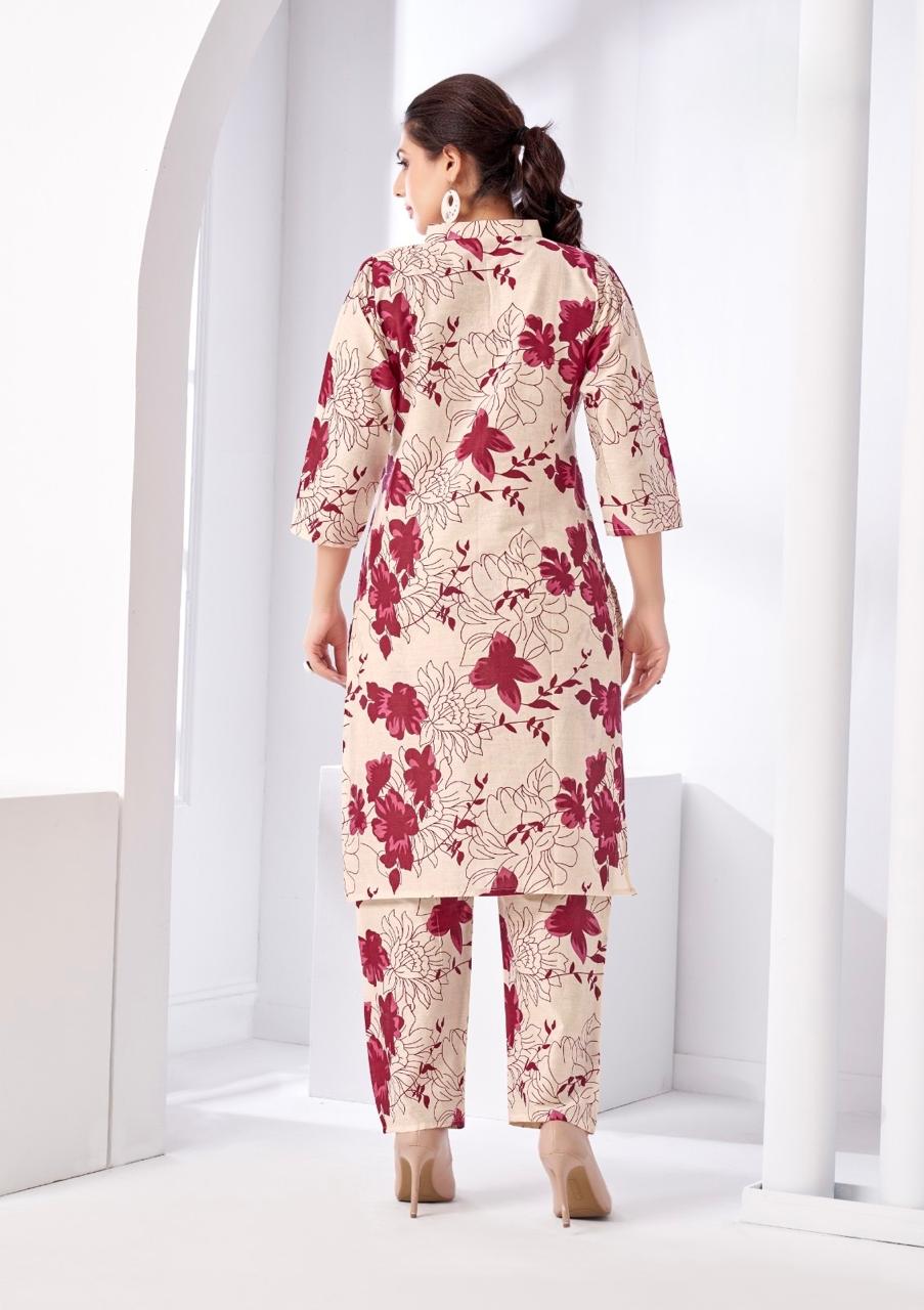 Beige Red Floral Printed Coord Set