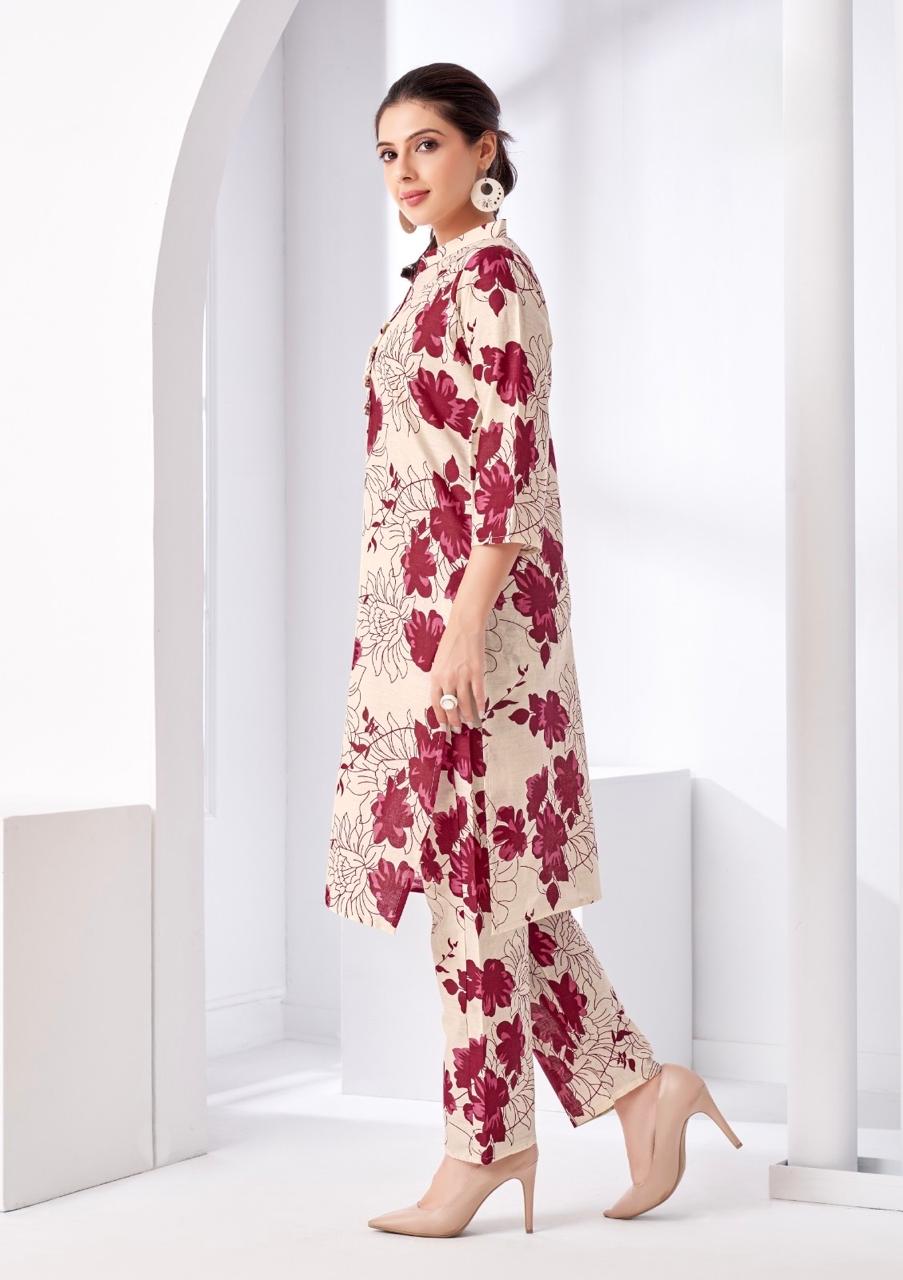 Beige Red Floral Printed Coord Set