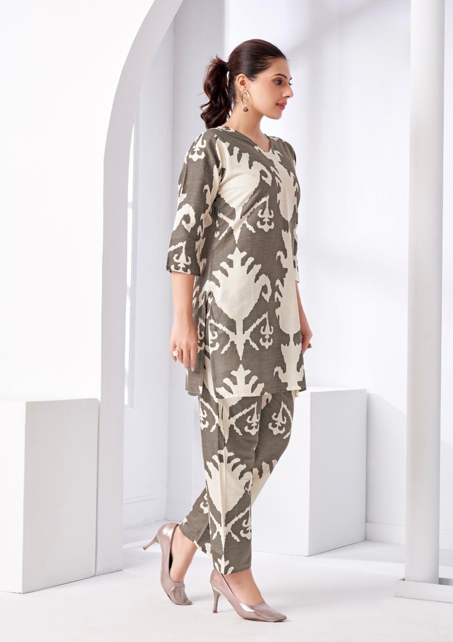 Beige Ikat Printed Coord Set