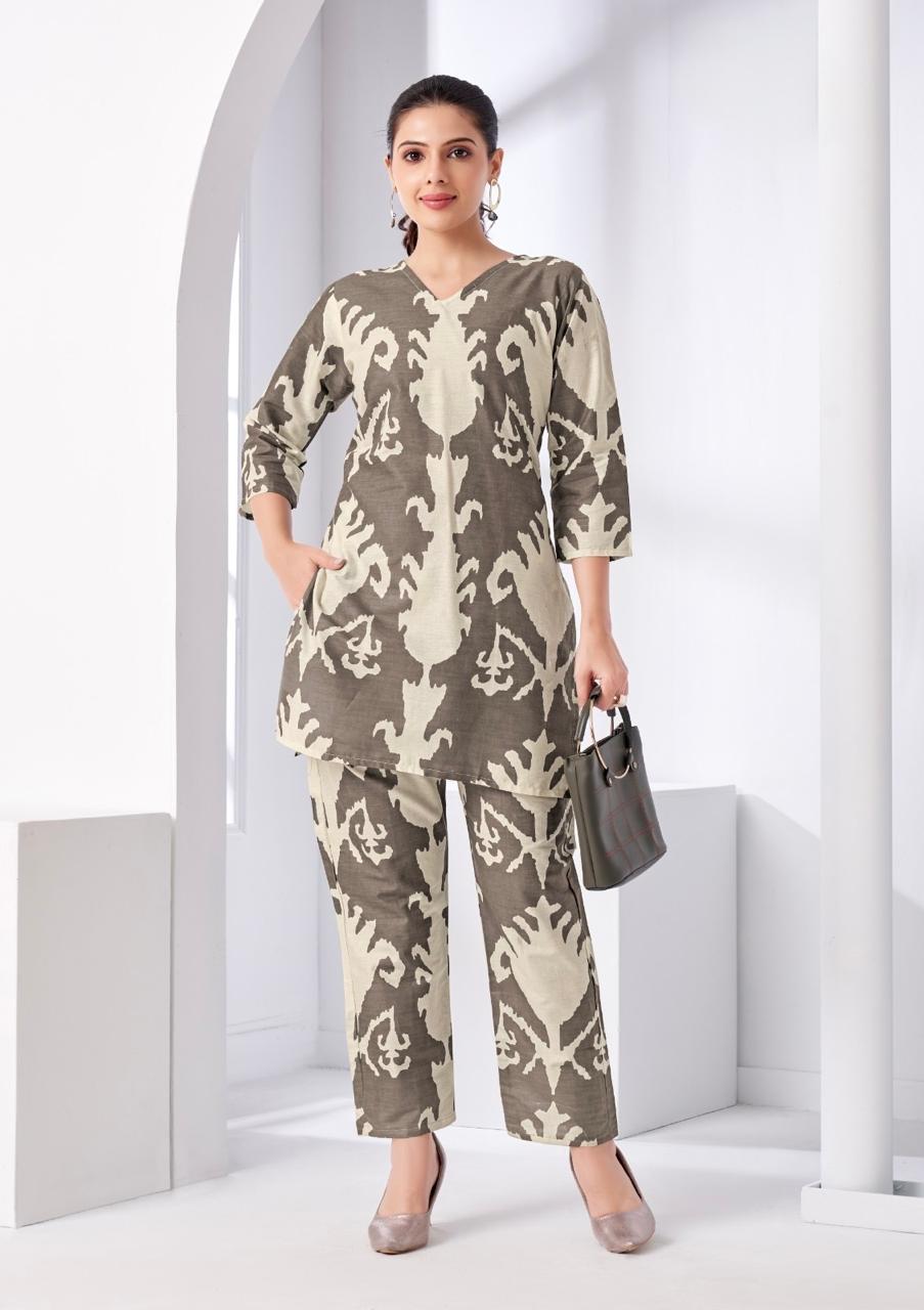 Beige Ikat Printed Coord Set