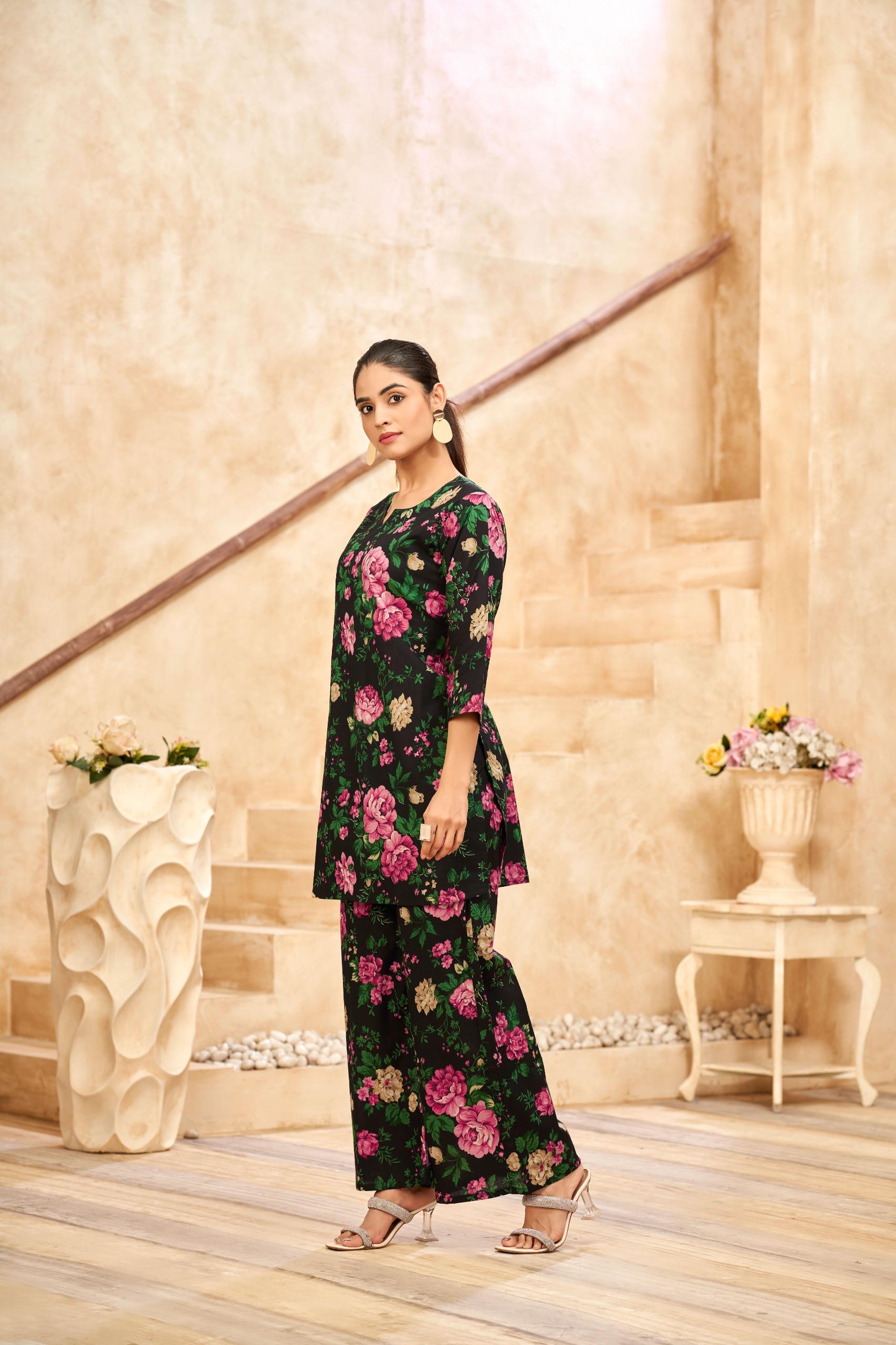Black Floral Printed Coord Set