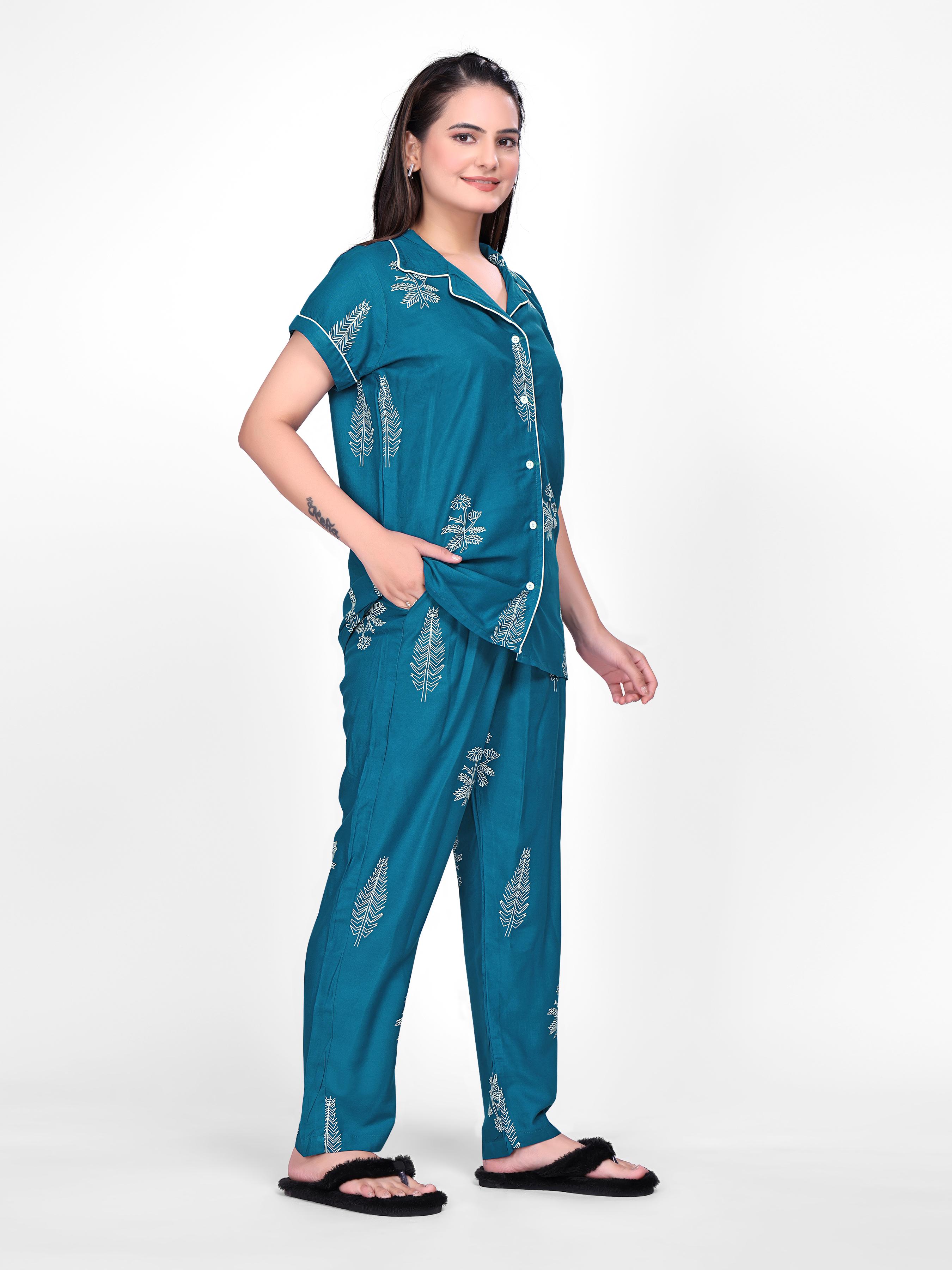 Teal Printed Night Suit Set