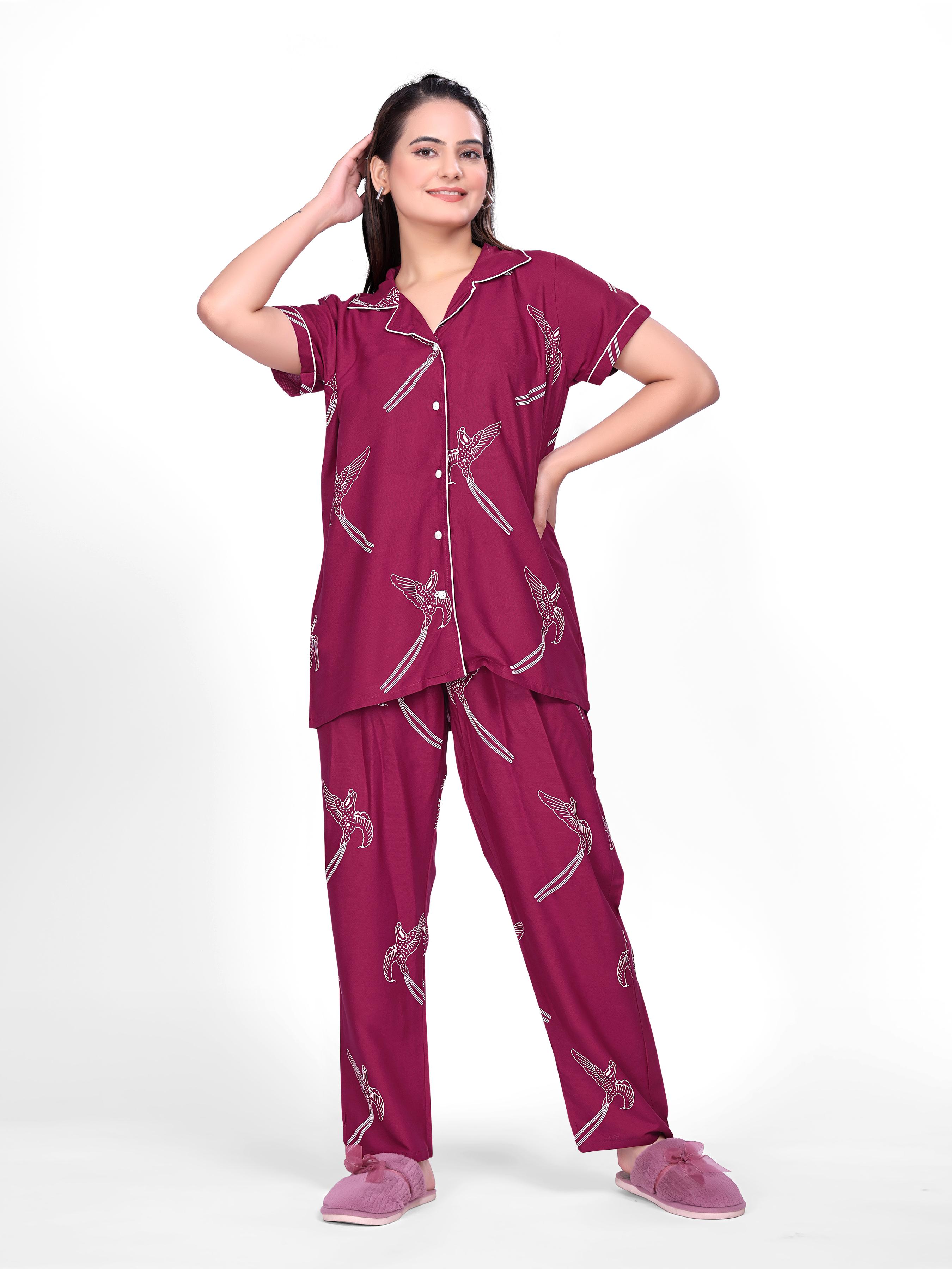 Wine Printed Night Suit Set