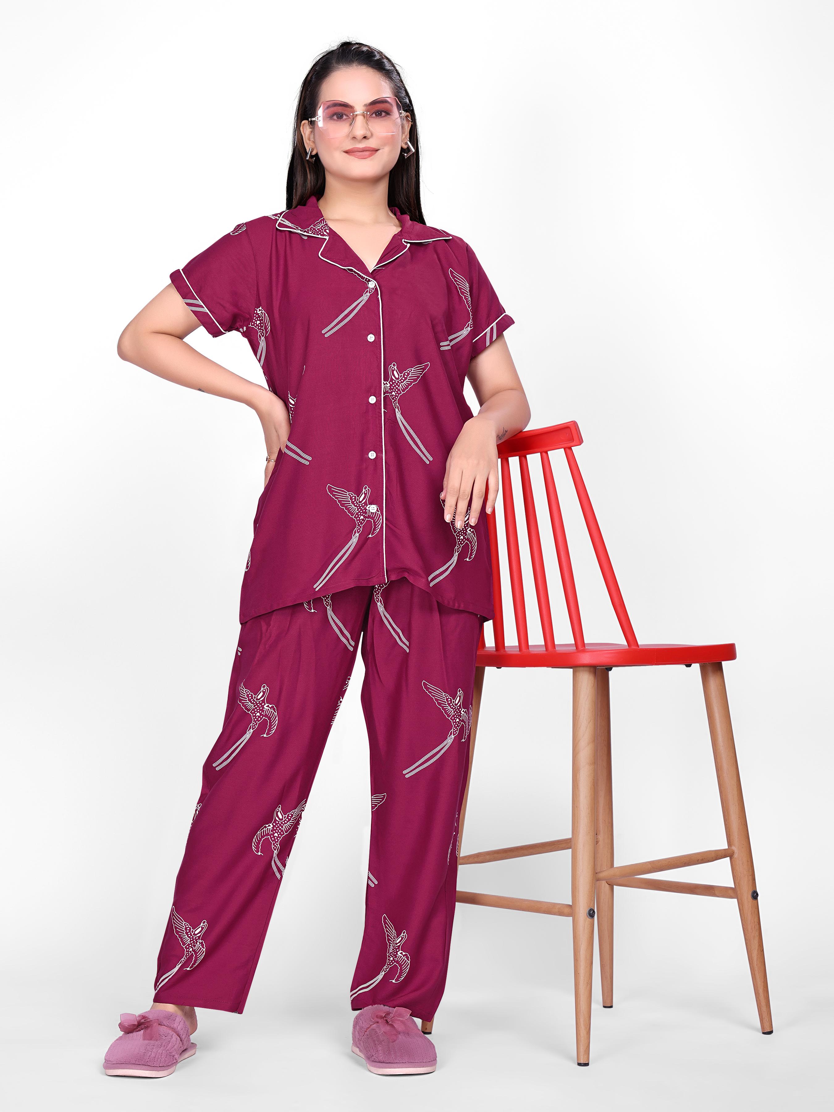 Wine Printed Night Suit Set
