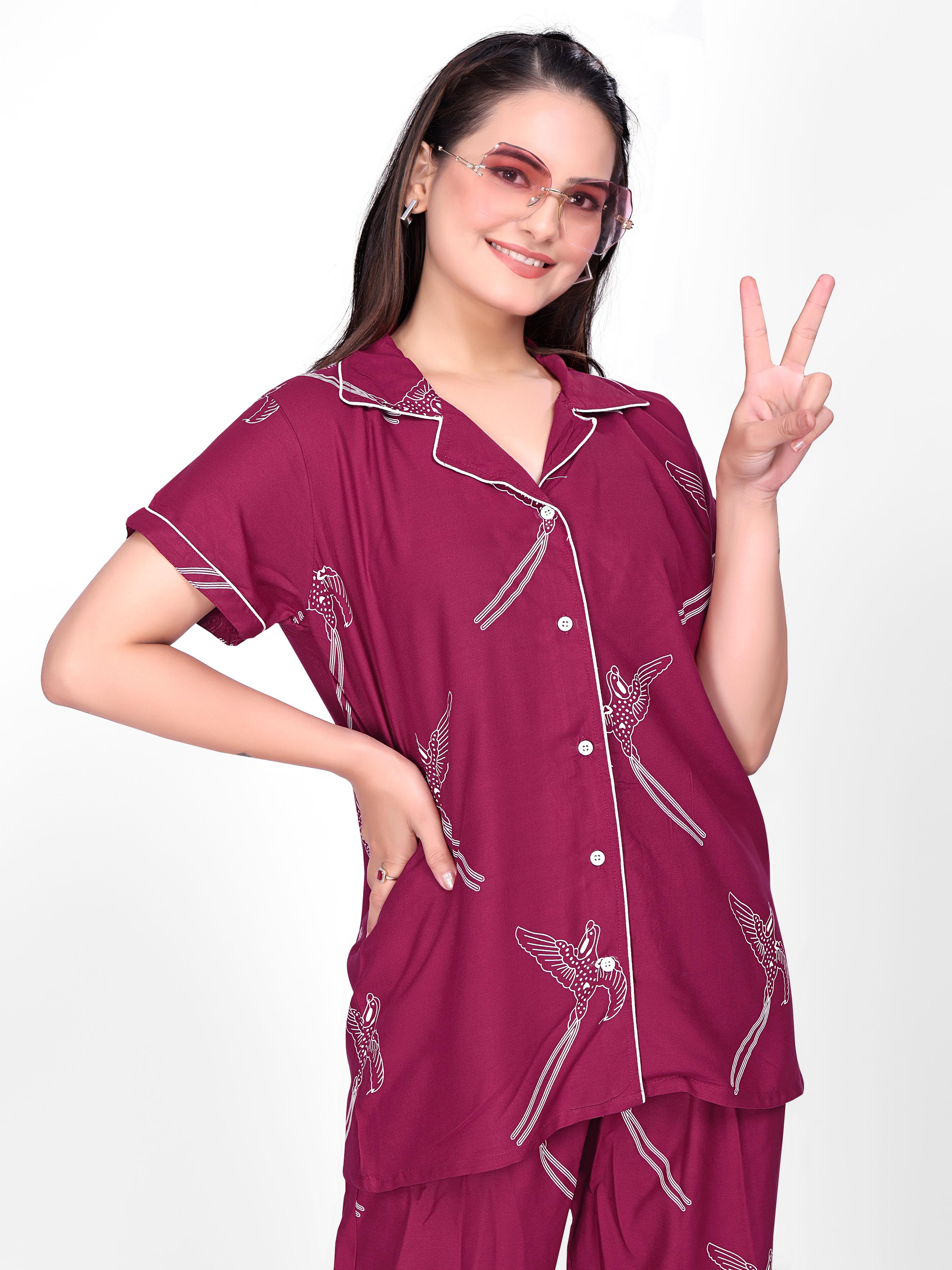 Wine Printed Night Suit Set