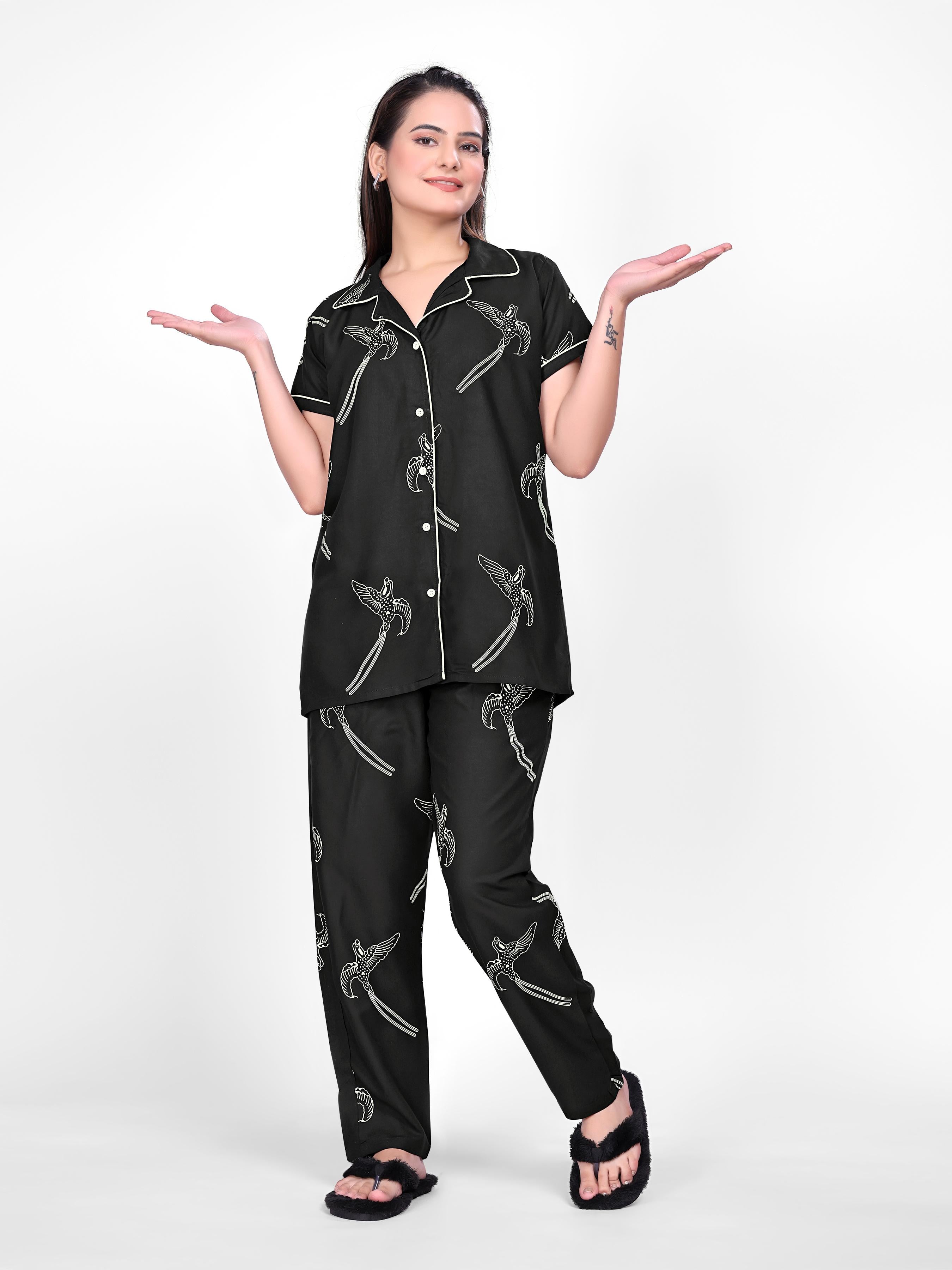 Black Printed Night Suit Set