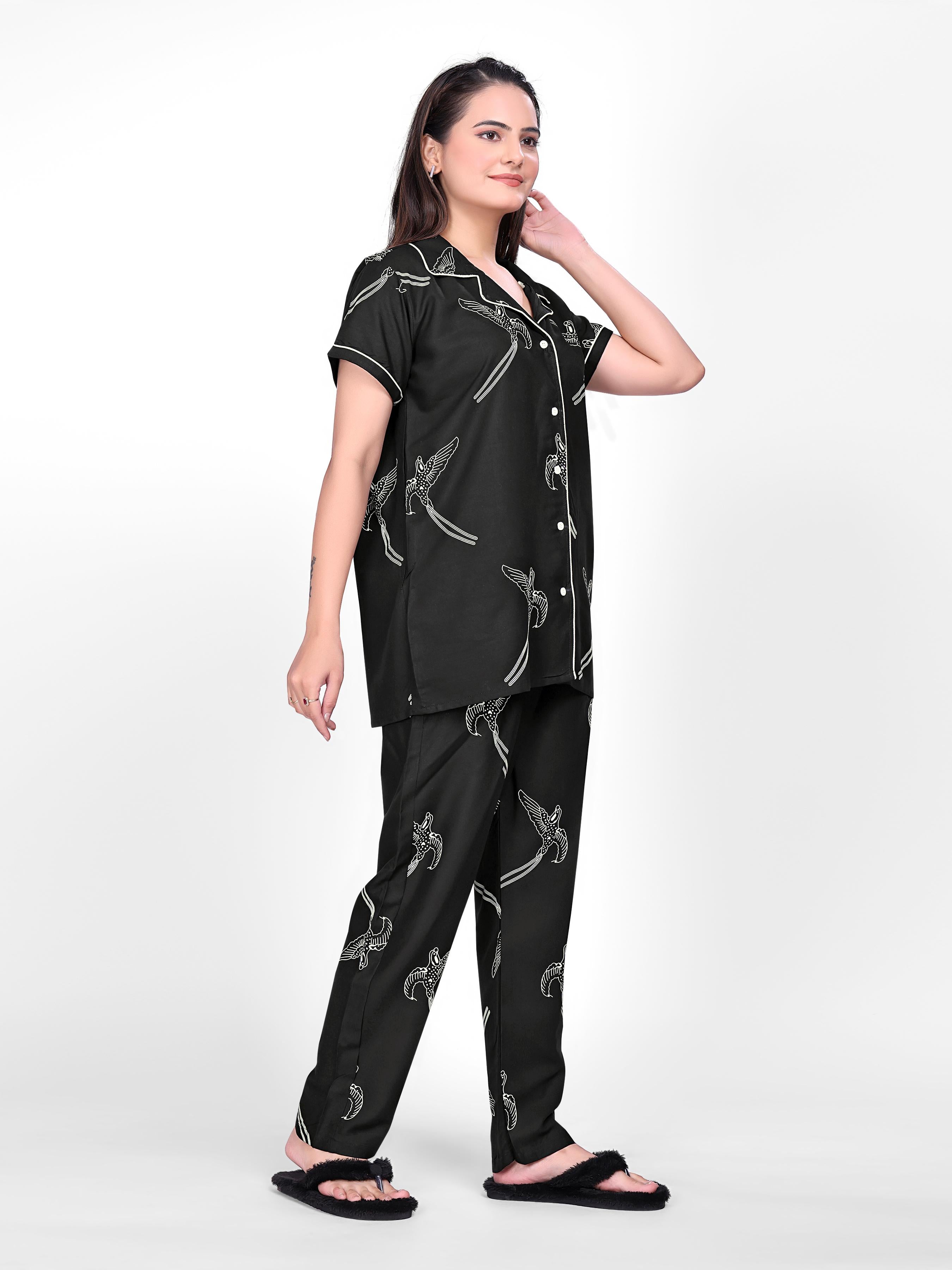 Black Printed Night Suit Set