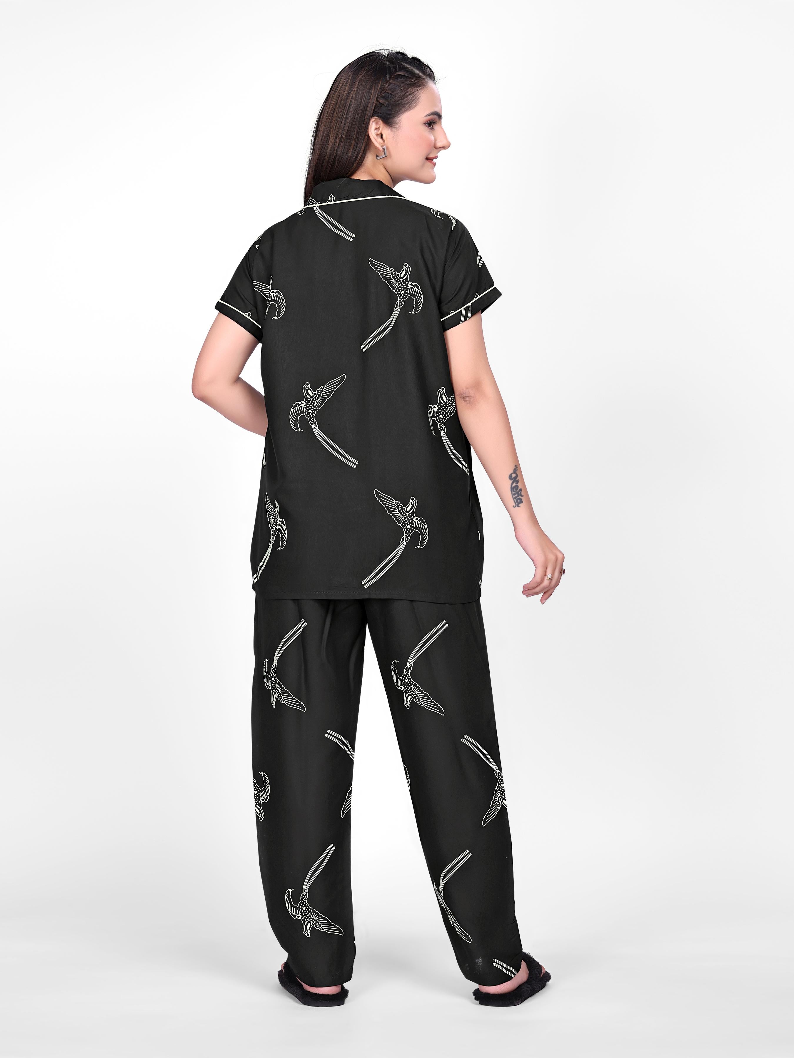 Black Printed Night Suit Set