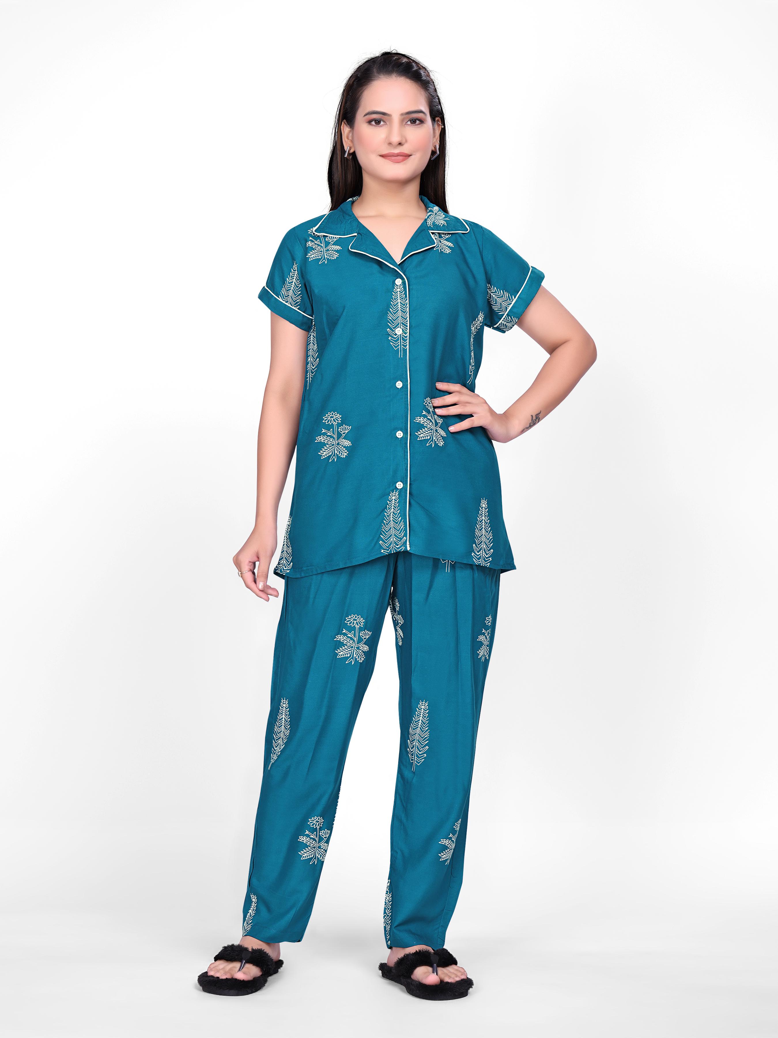 Teal Printed Night Suit Set