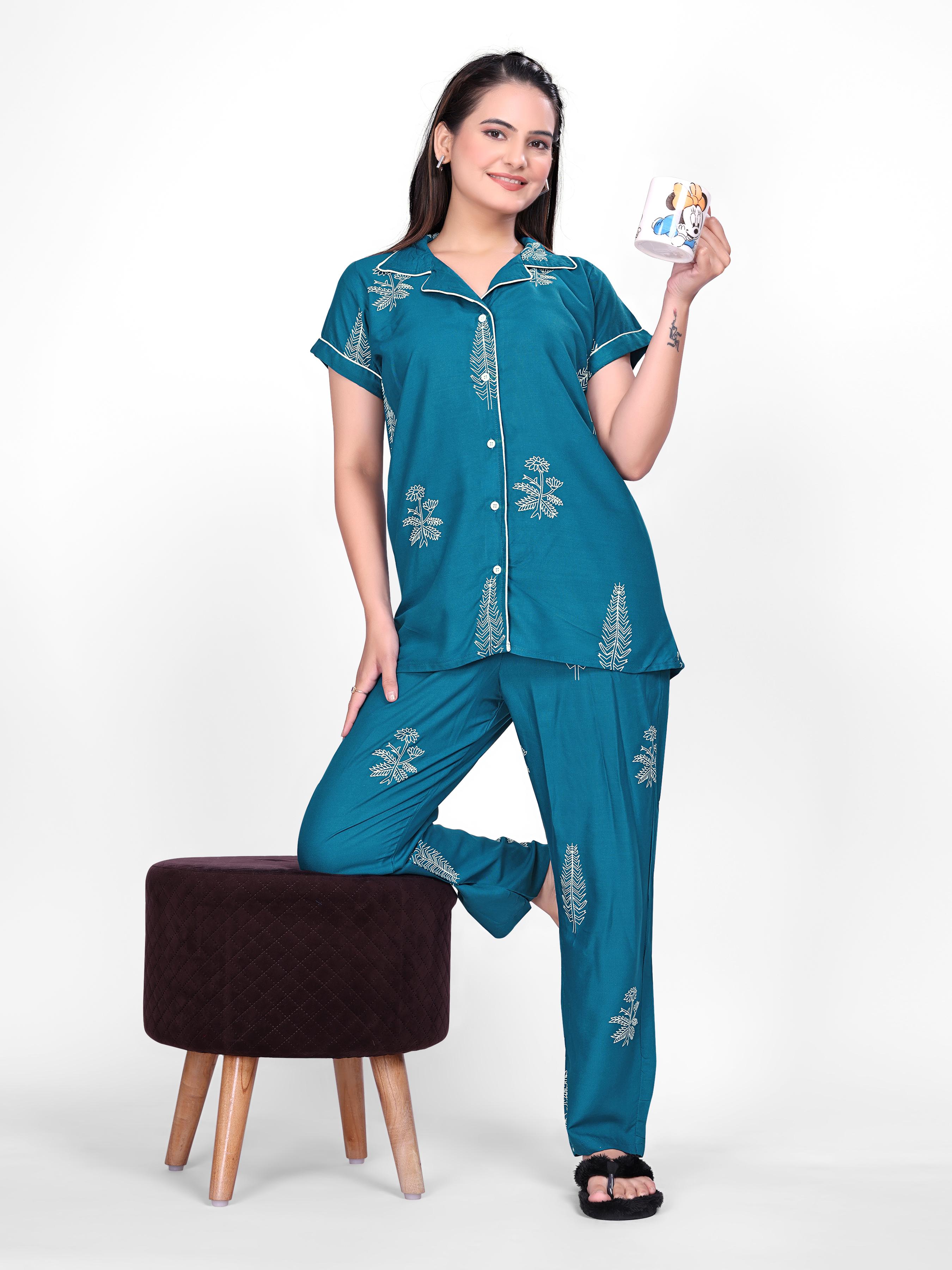 Teal Printed Night Suit Set