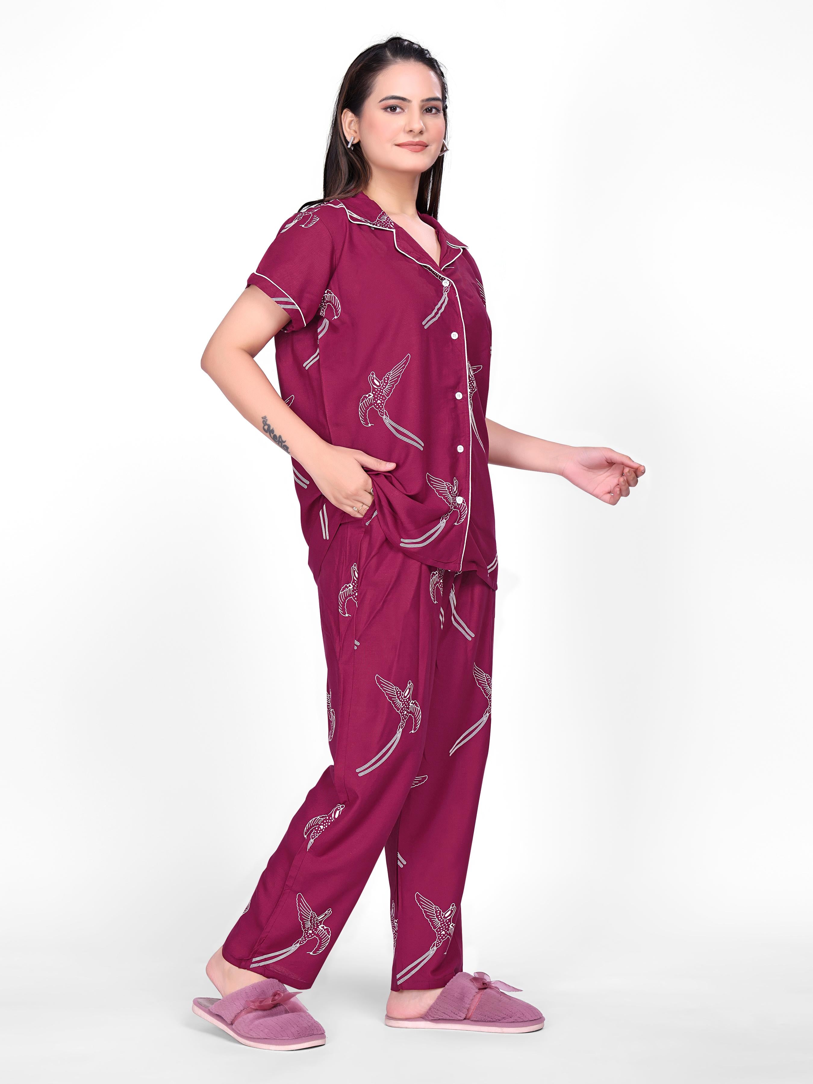 Wine Printed Night Suit Set