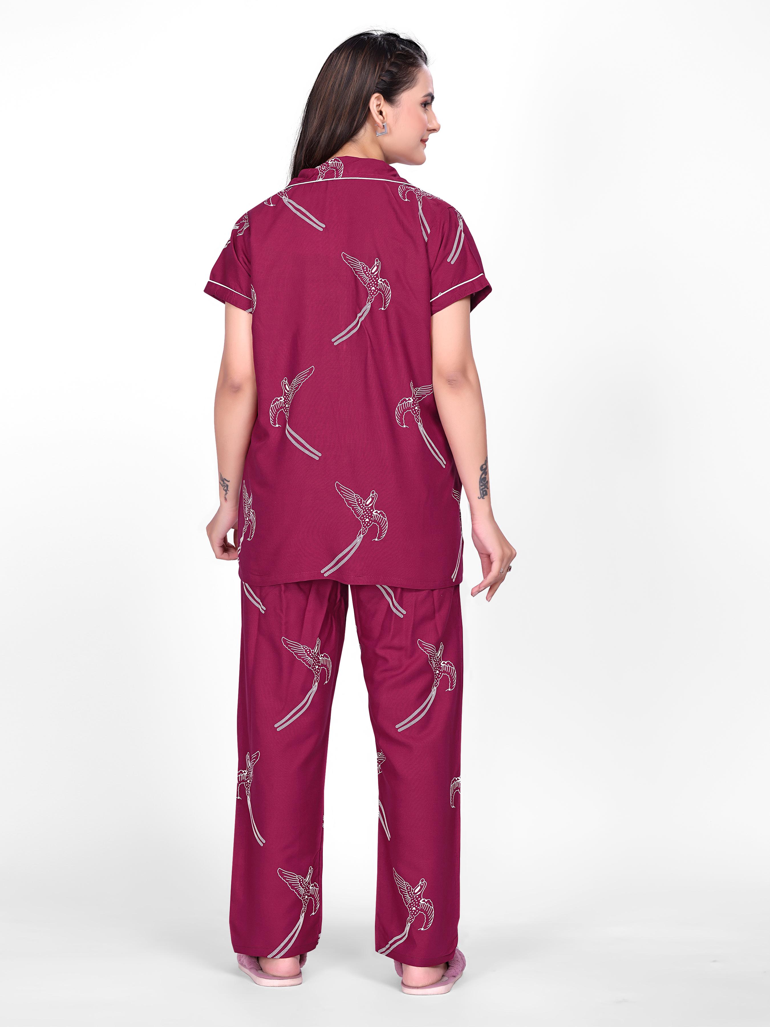 Wine Printed Night Suit Set