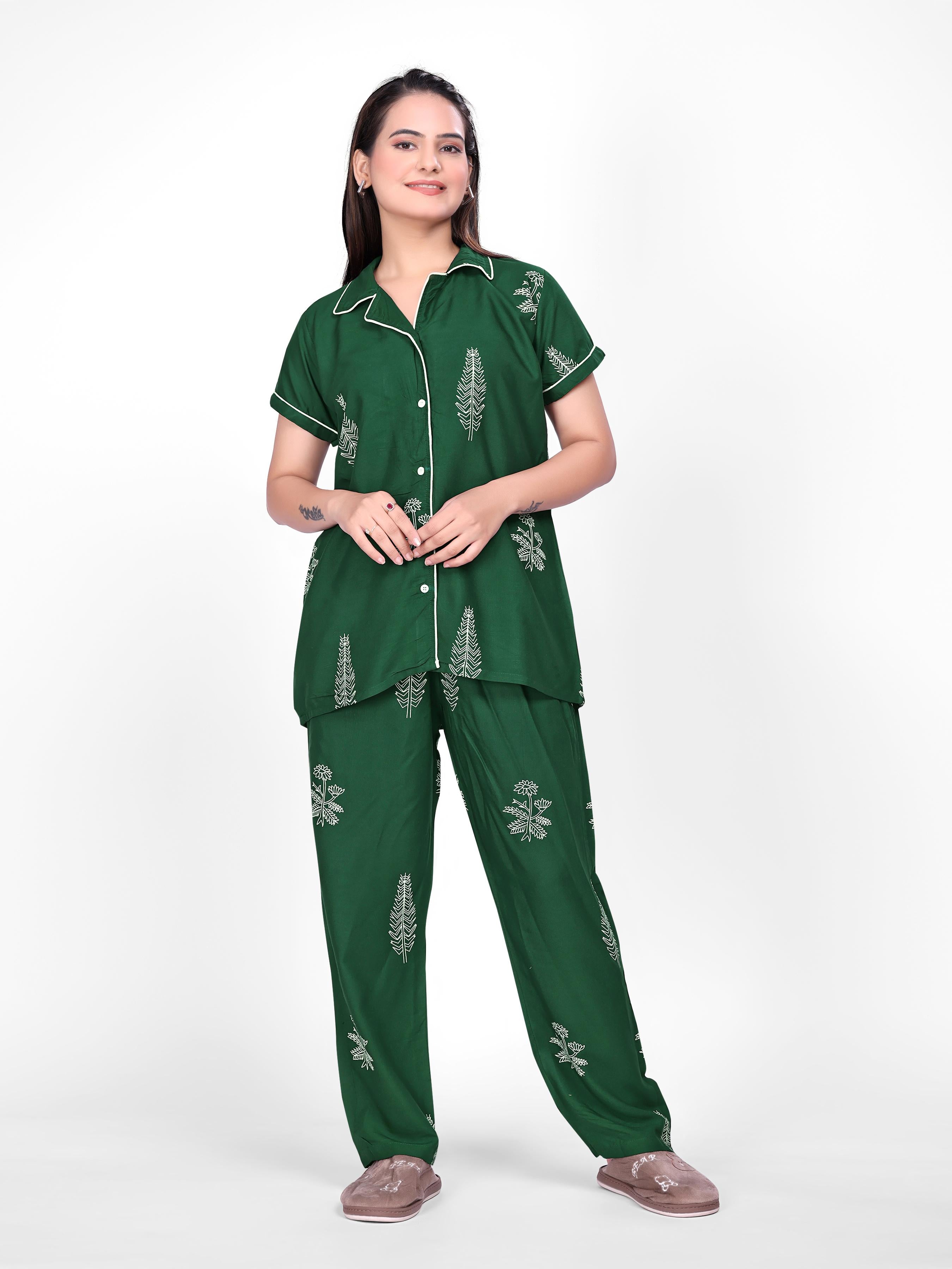 Green Printed Night Suit Set