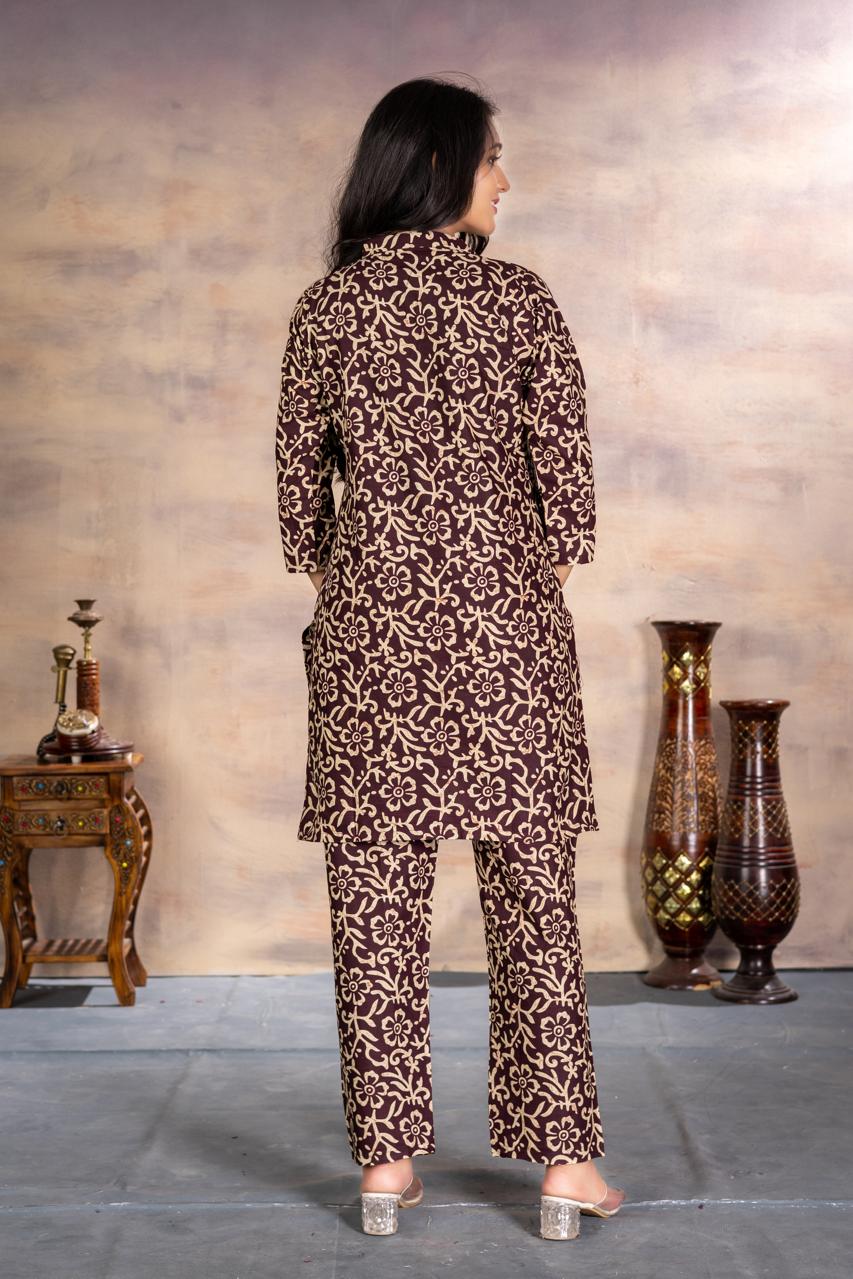 Brown Floral Printed Women Coord Set