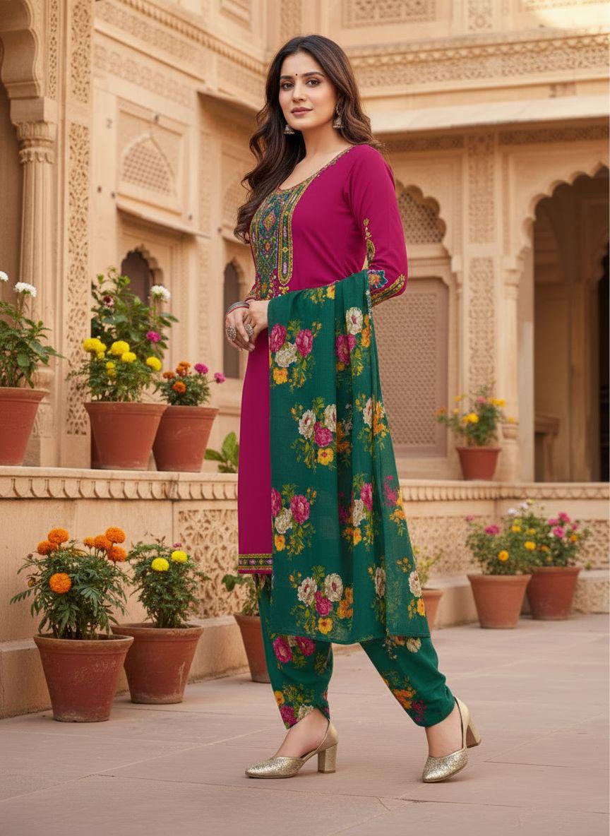 Rani Pink Printed Patiala Suit Set