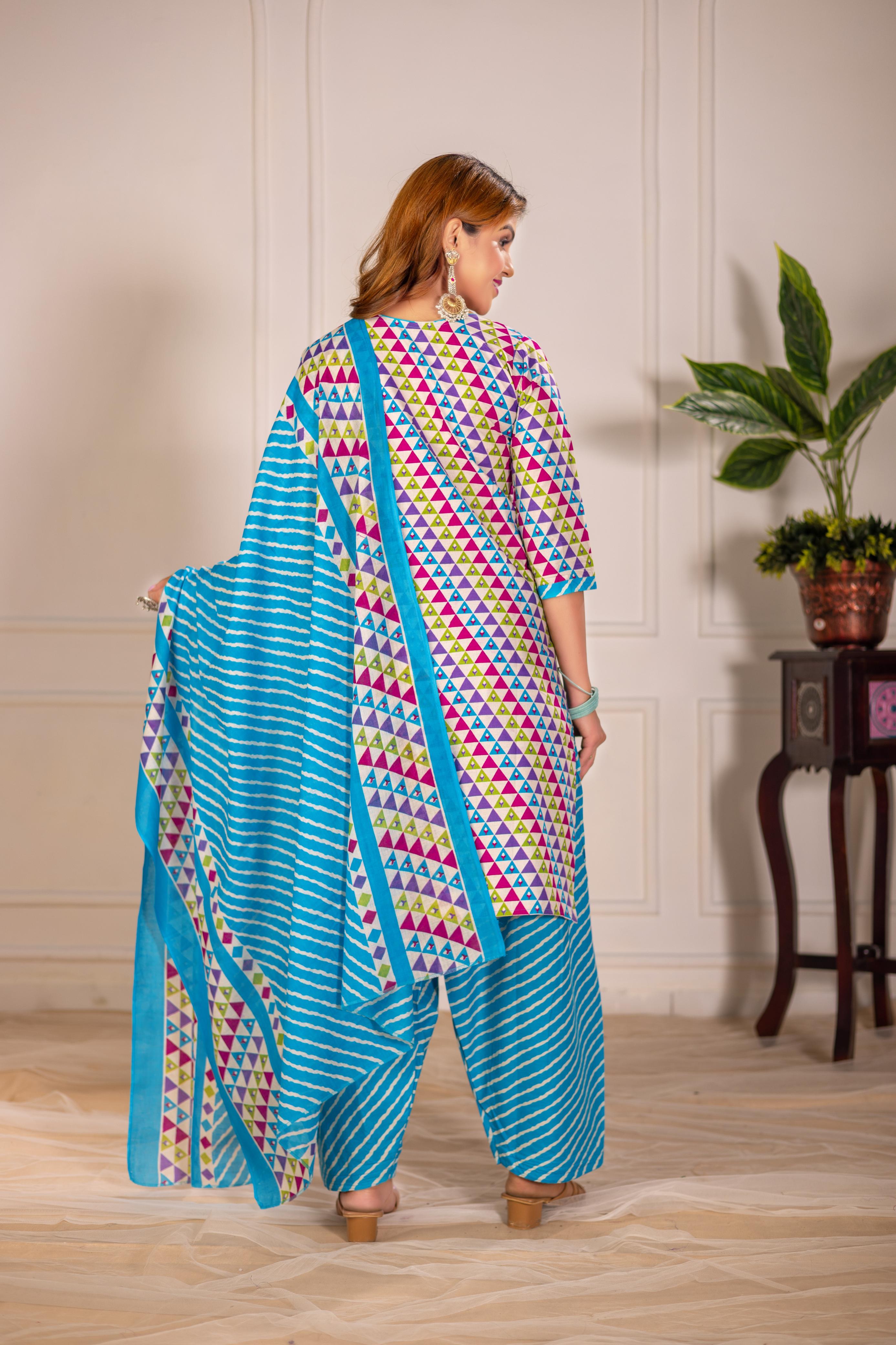 Turquoise Multicolor Print Patiala Suit Set