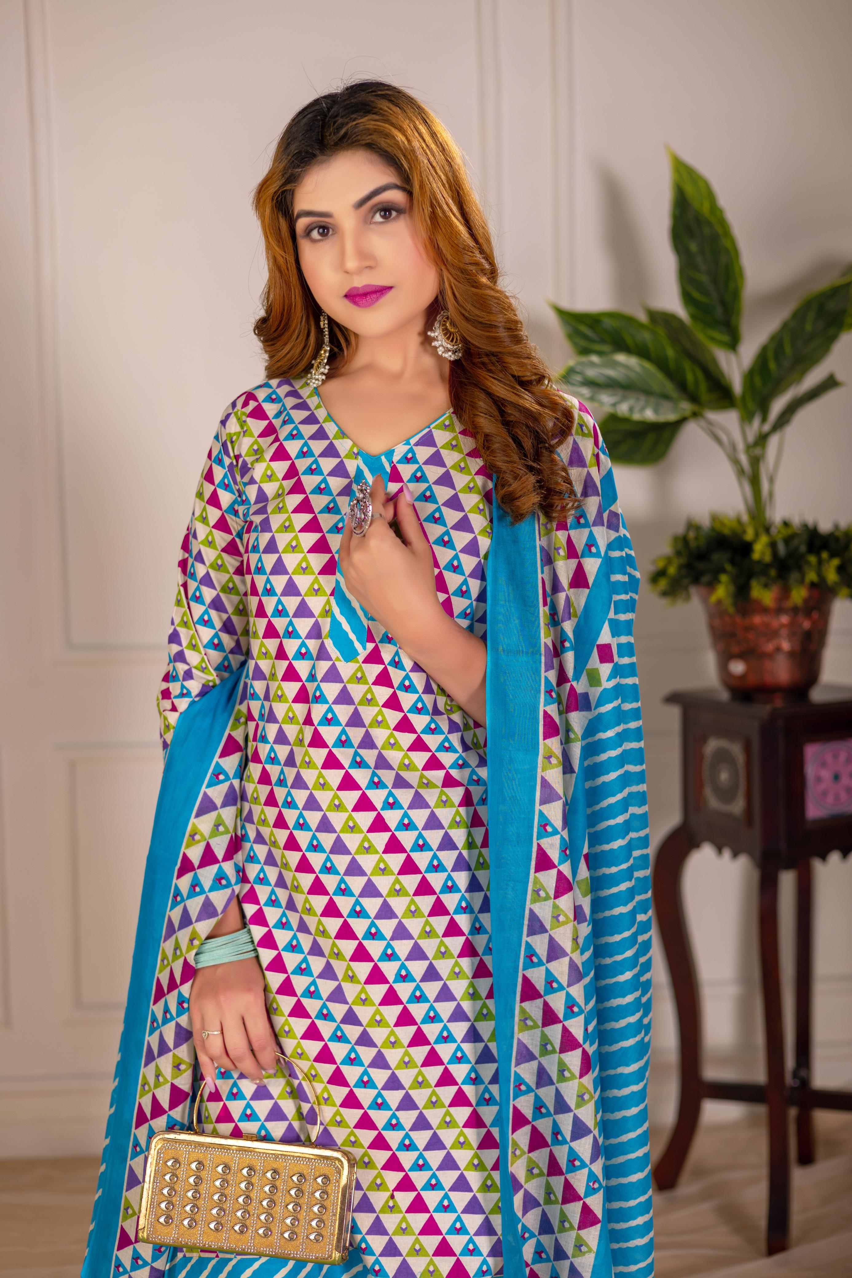Turquoise Multicolor Print Patiala Suit Set