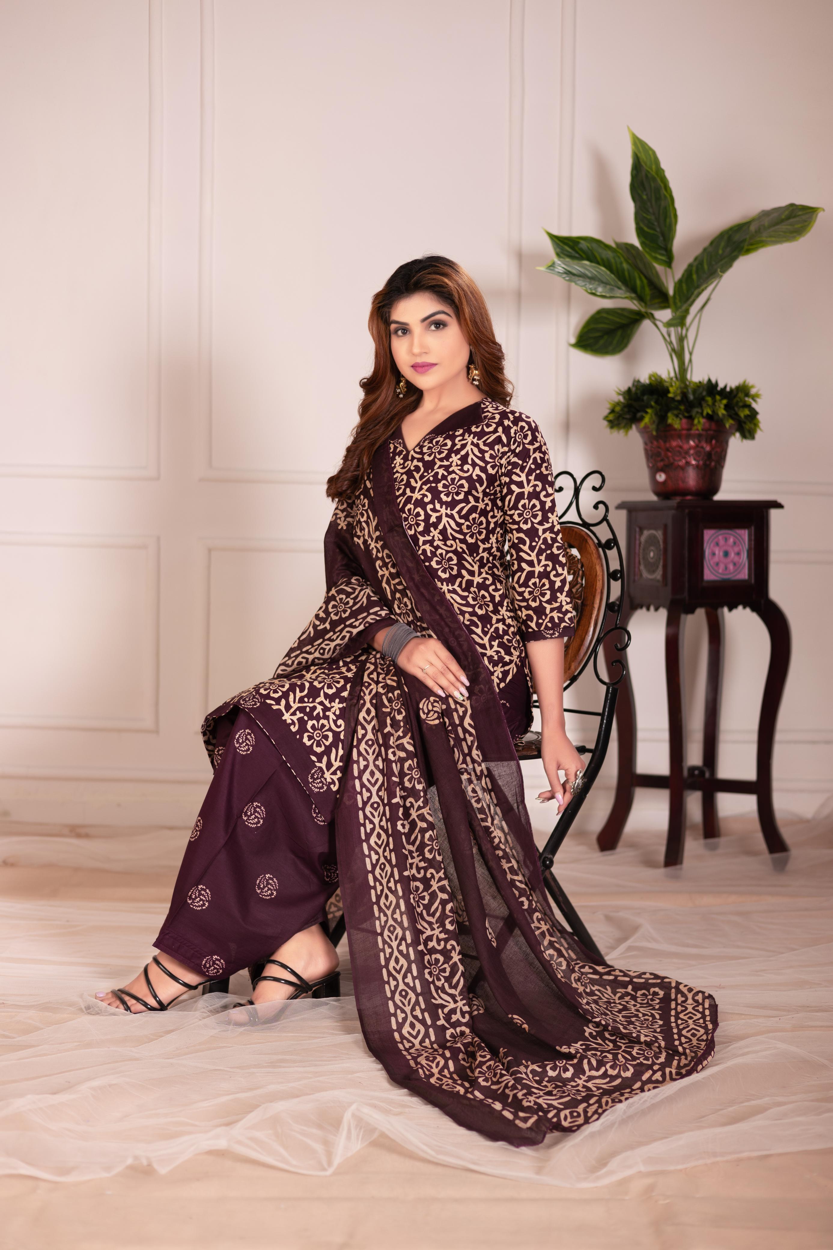 Chocolate Brown Printed Patiala Suit Set
