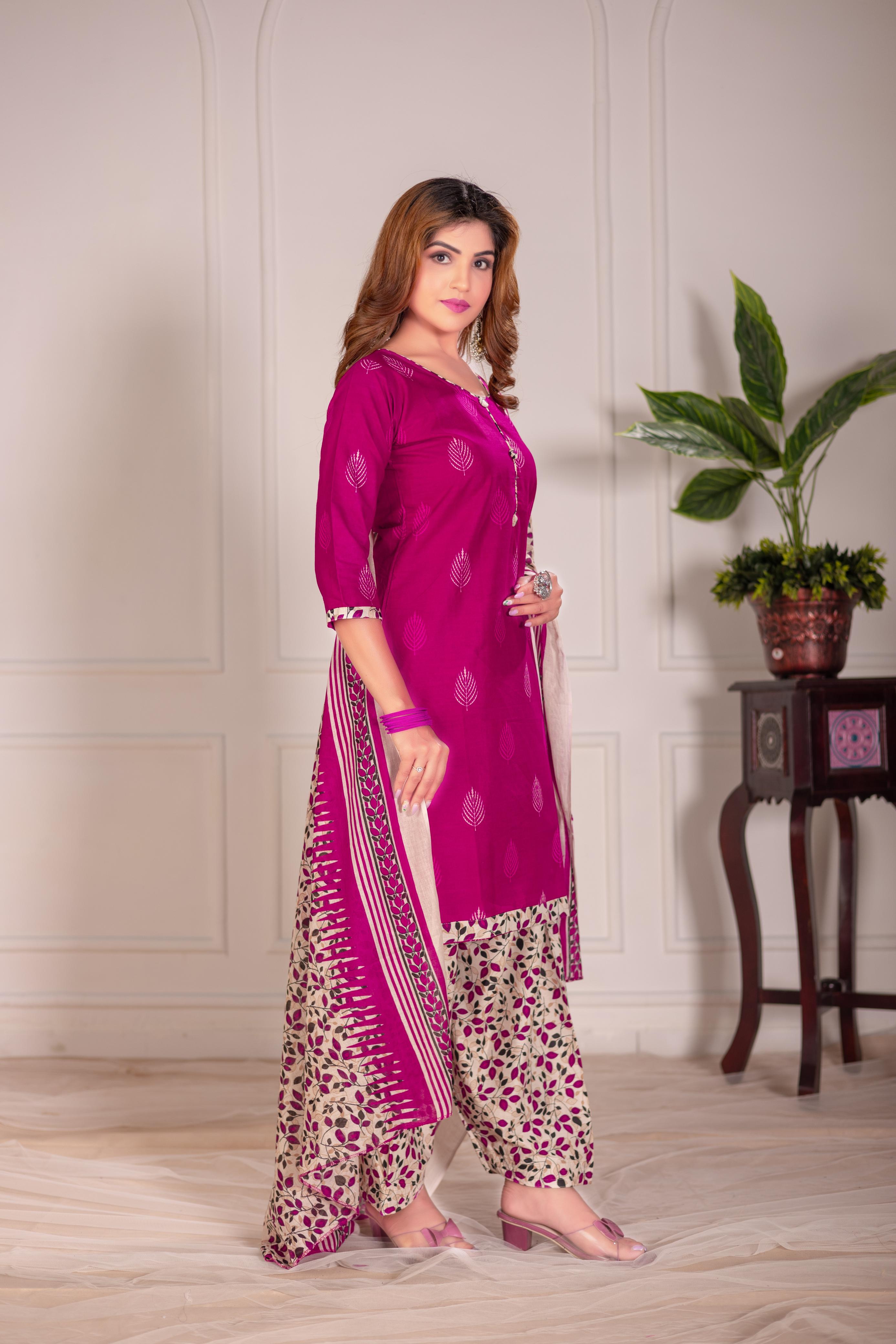 Pink Leaf Print Patiala Suit Set