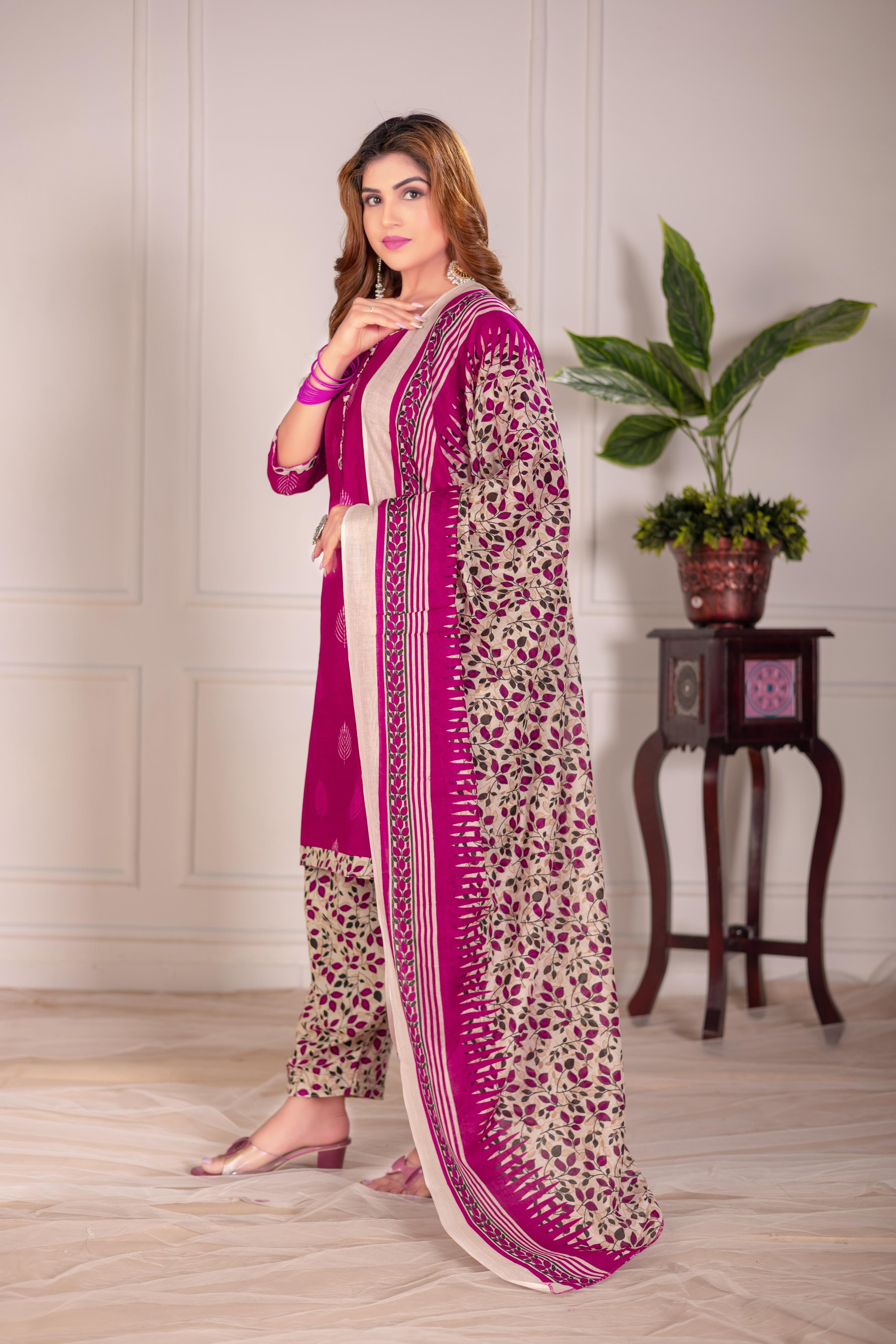 Pink Leaf Print Patiala Suit Set