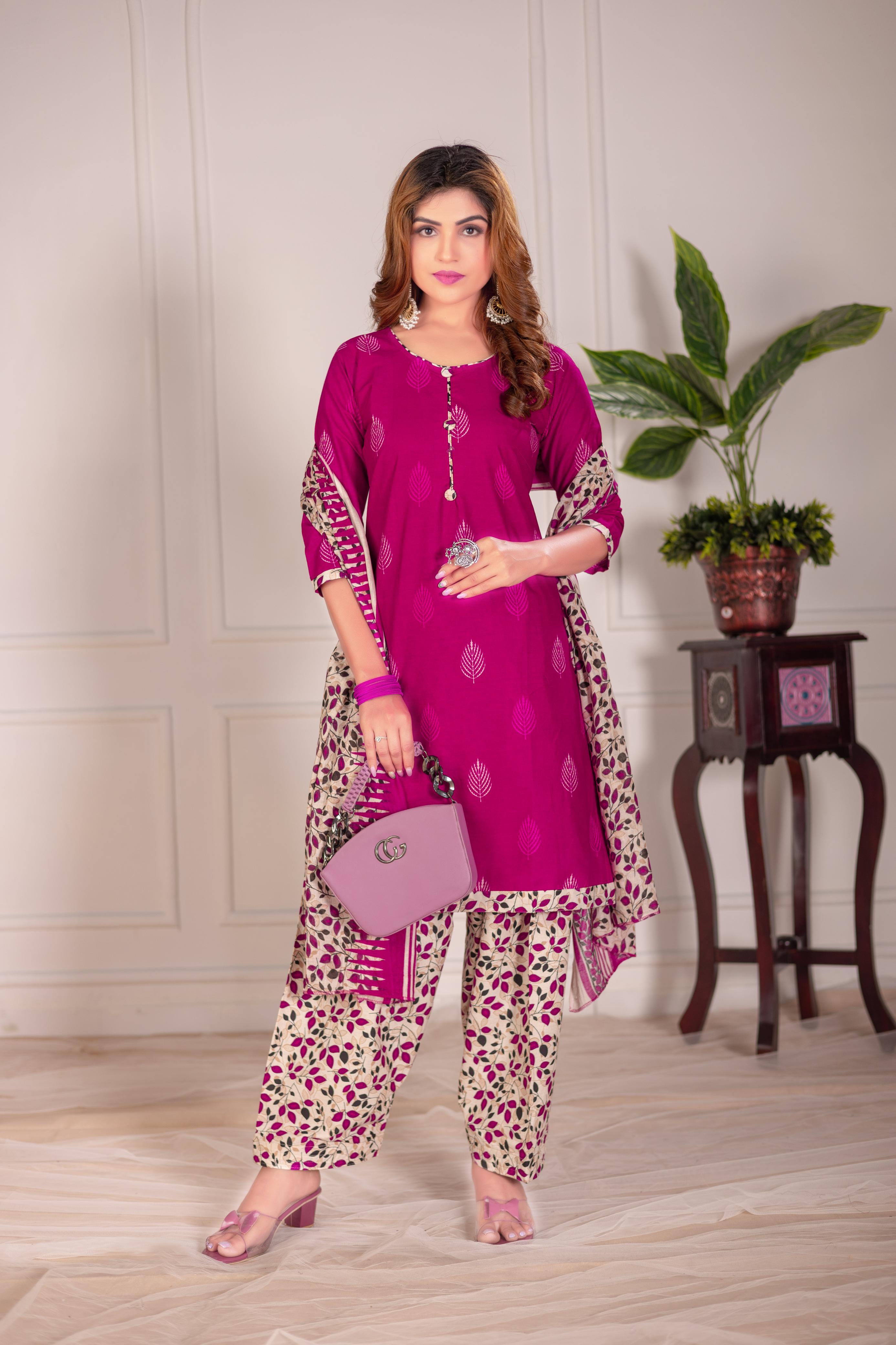Pink Leaf Print Patiala Suit Set