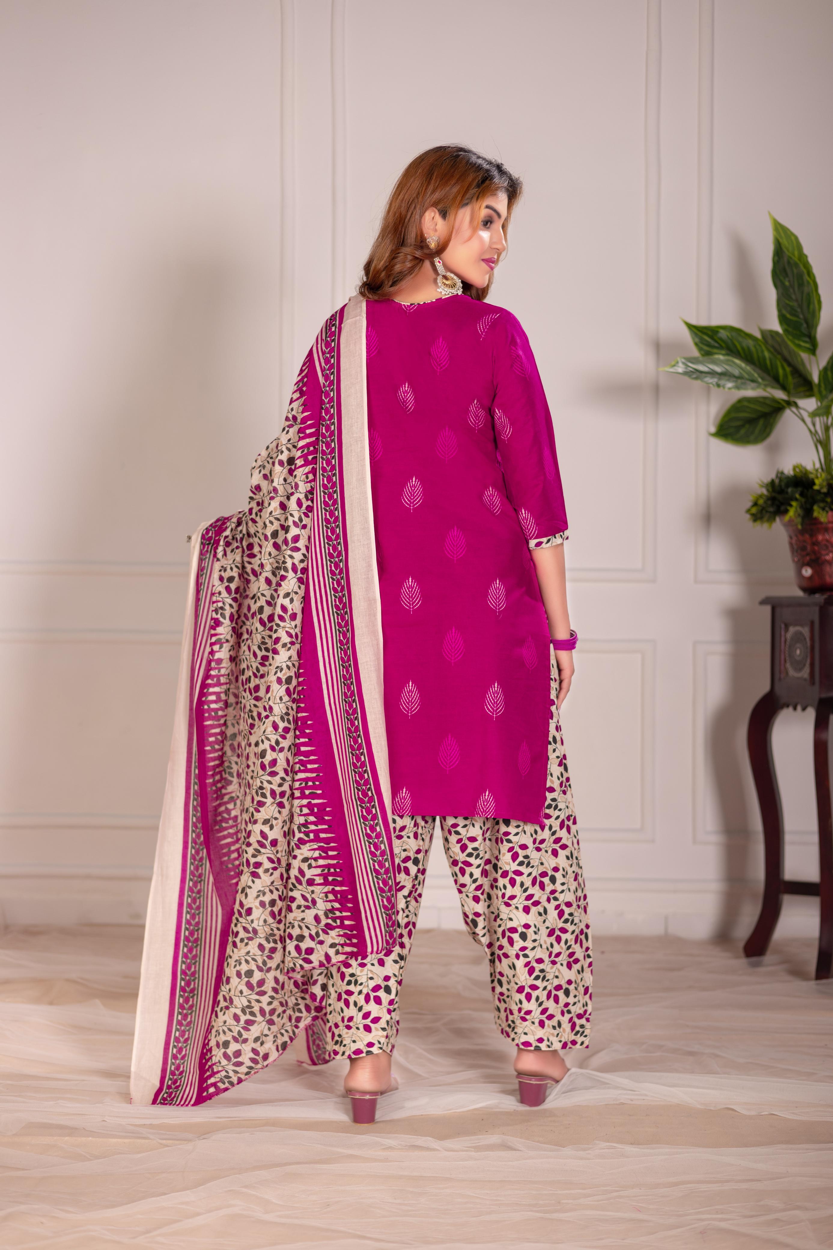Pink Leaf Print Patiala Suit Set