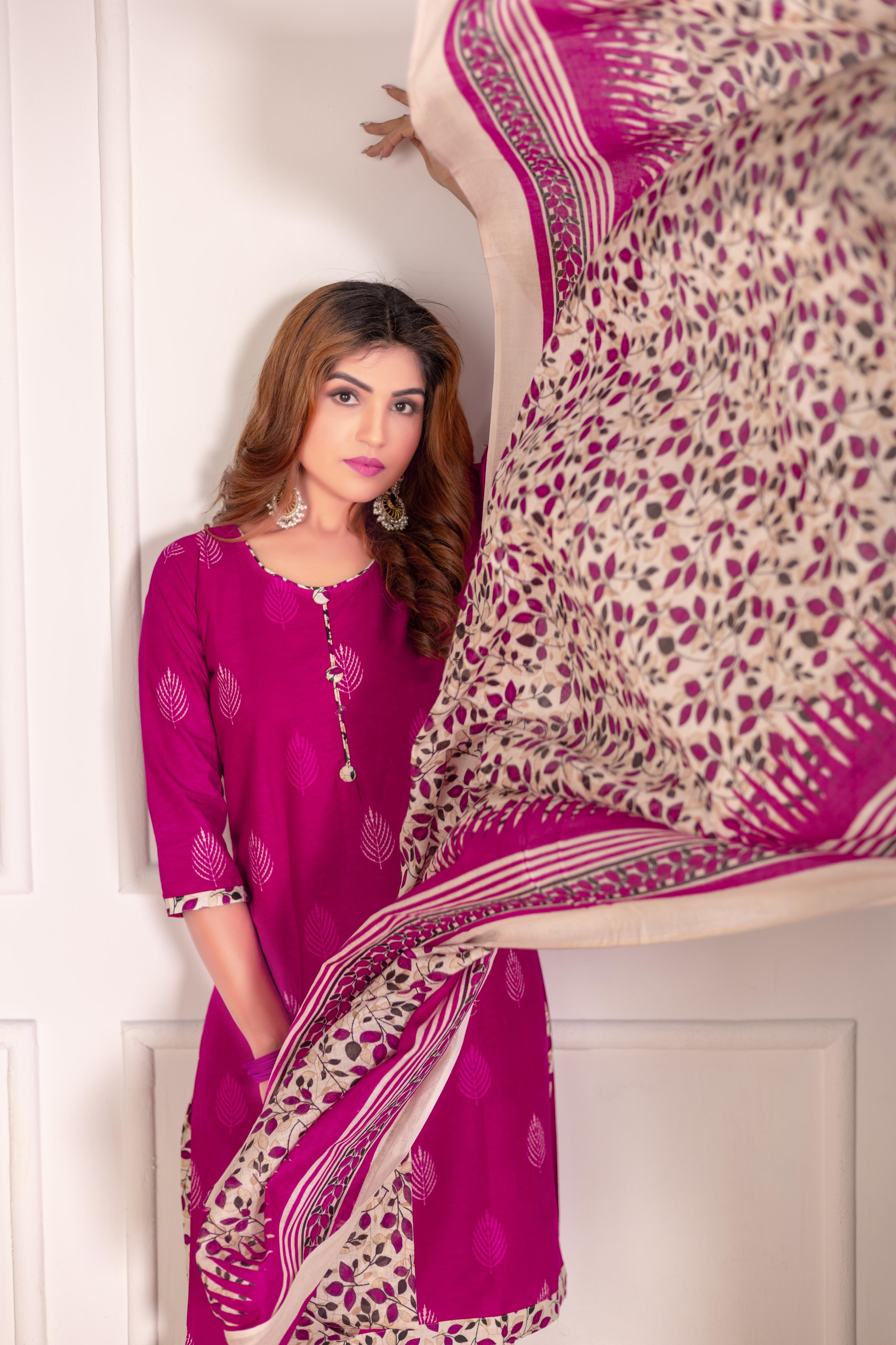 Pink Leaf Print Patiala Suit Set
