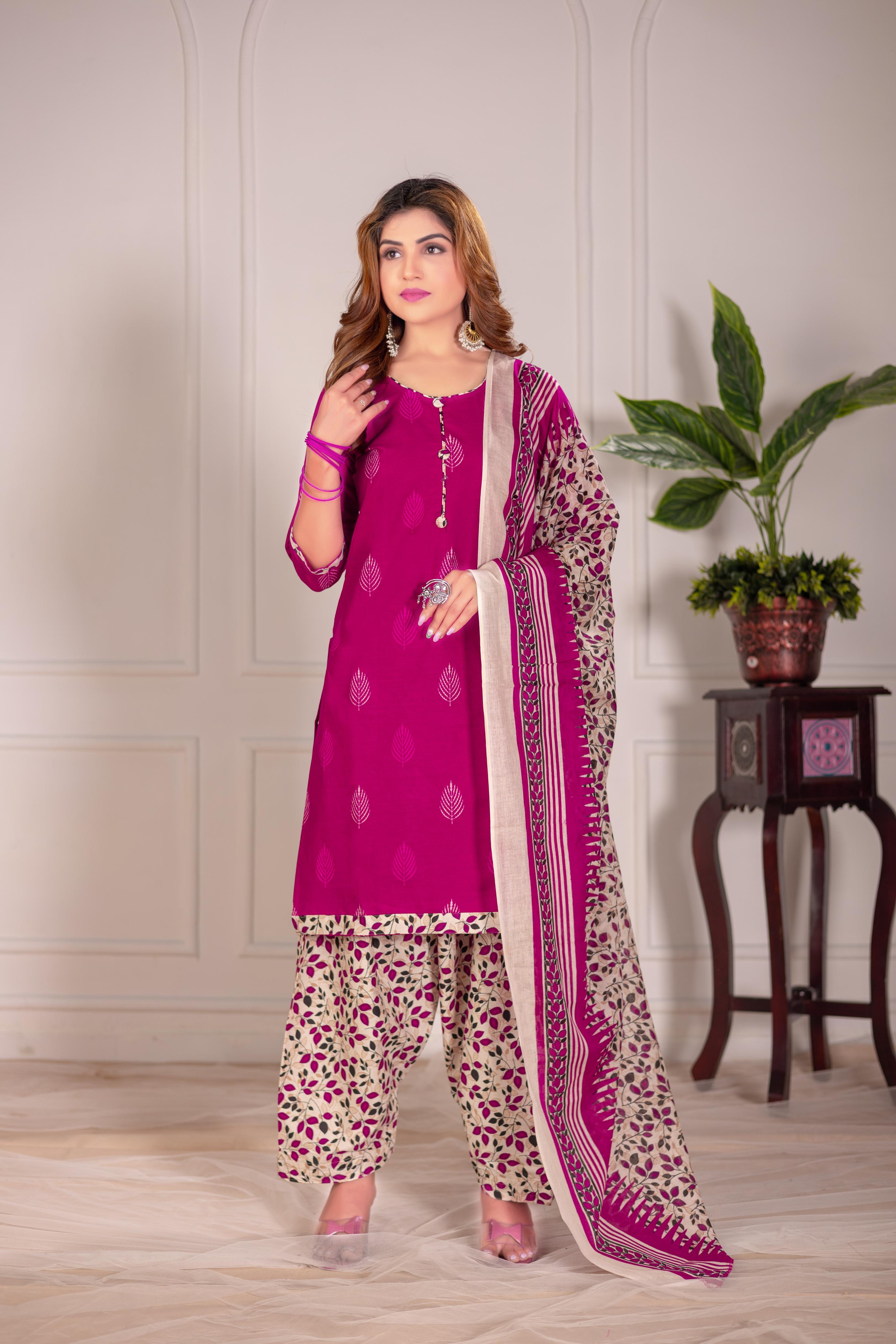Pink Leaf Print Patiala Suit Set