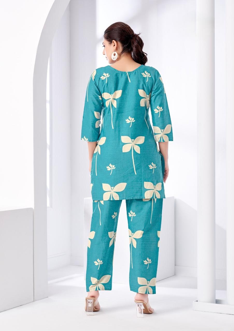 Teal Blue Floral Printed Women Coord Set