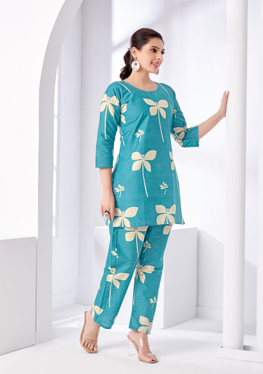 Teal Blue Floral Printed Women Coord Set